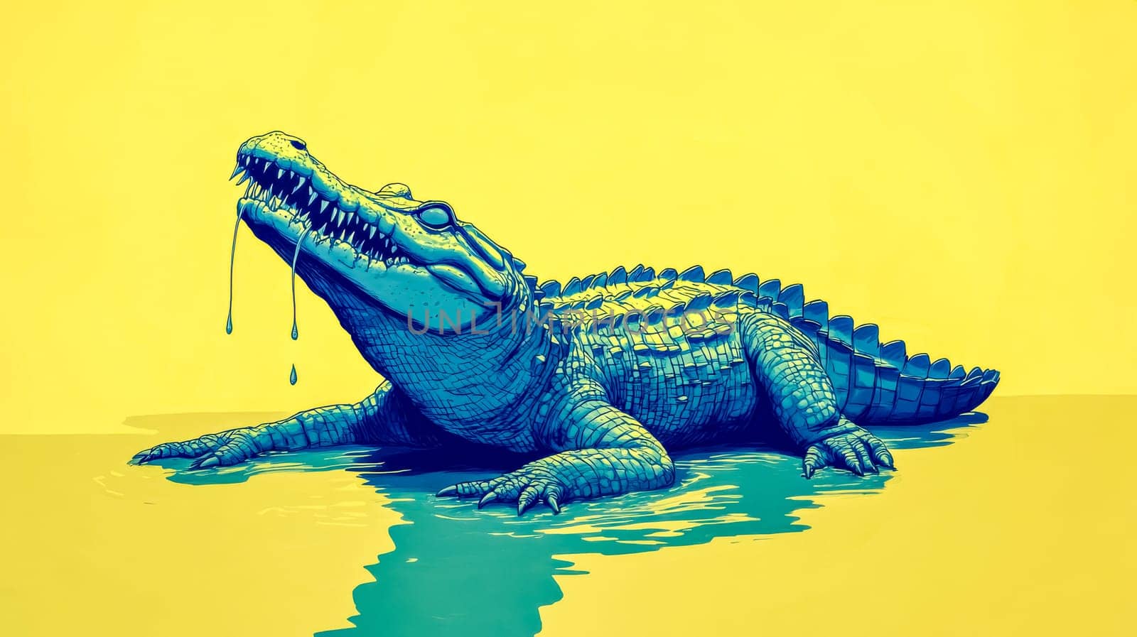 Large blue stylized crocodile shedding exaggerated tears, lying in shallow water against a vibrant yellow background, creating a striking and minimalist visual