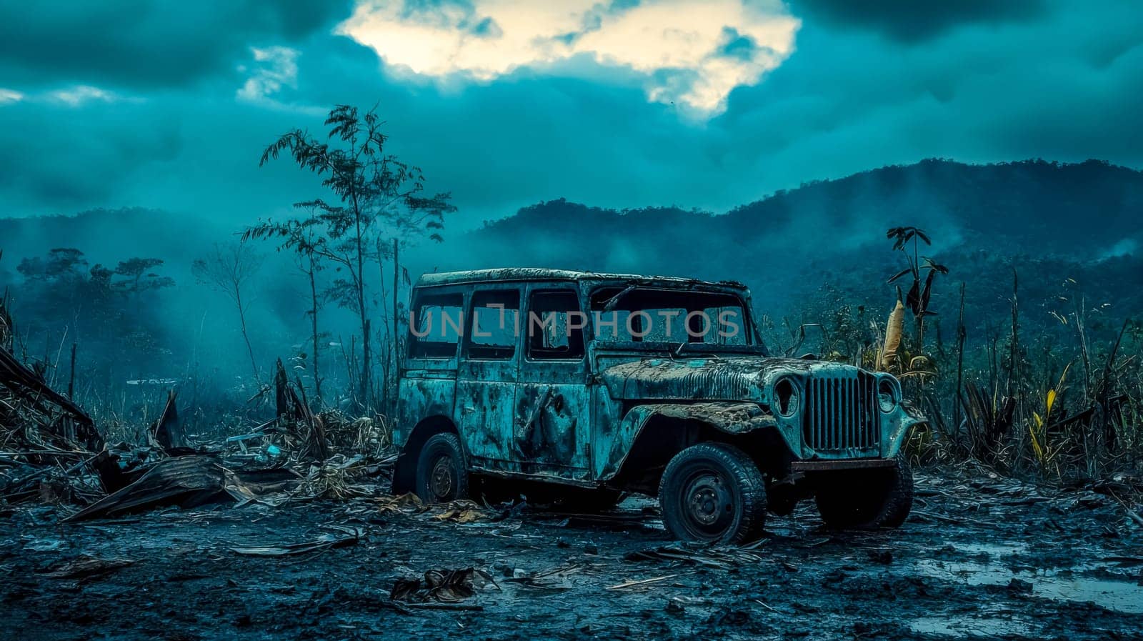 Abandoned, weathered military vehicle sits amidst debris and wreckage in a disaster zone, under a dark and stormy sky, evoking a sense of destruction and abandonment