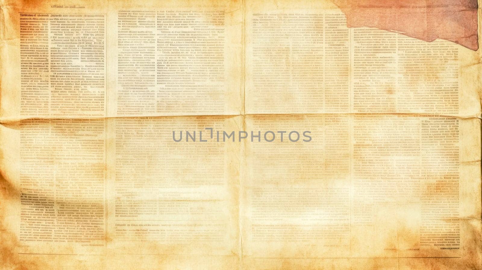 Folded and torn retro newspaper page shows vintage paper texture and unreadable text, creating an antique background for historical concepts