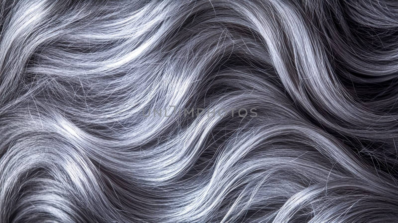 Elegant gray hair texture with wavy pattern, highlights, shadows. Shiny strands flow gracefully, adding glamour to designs. Perfect for beauty, fashion projects