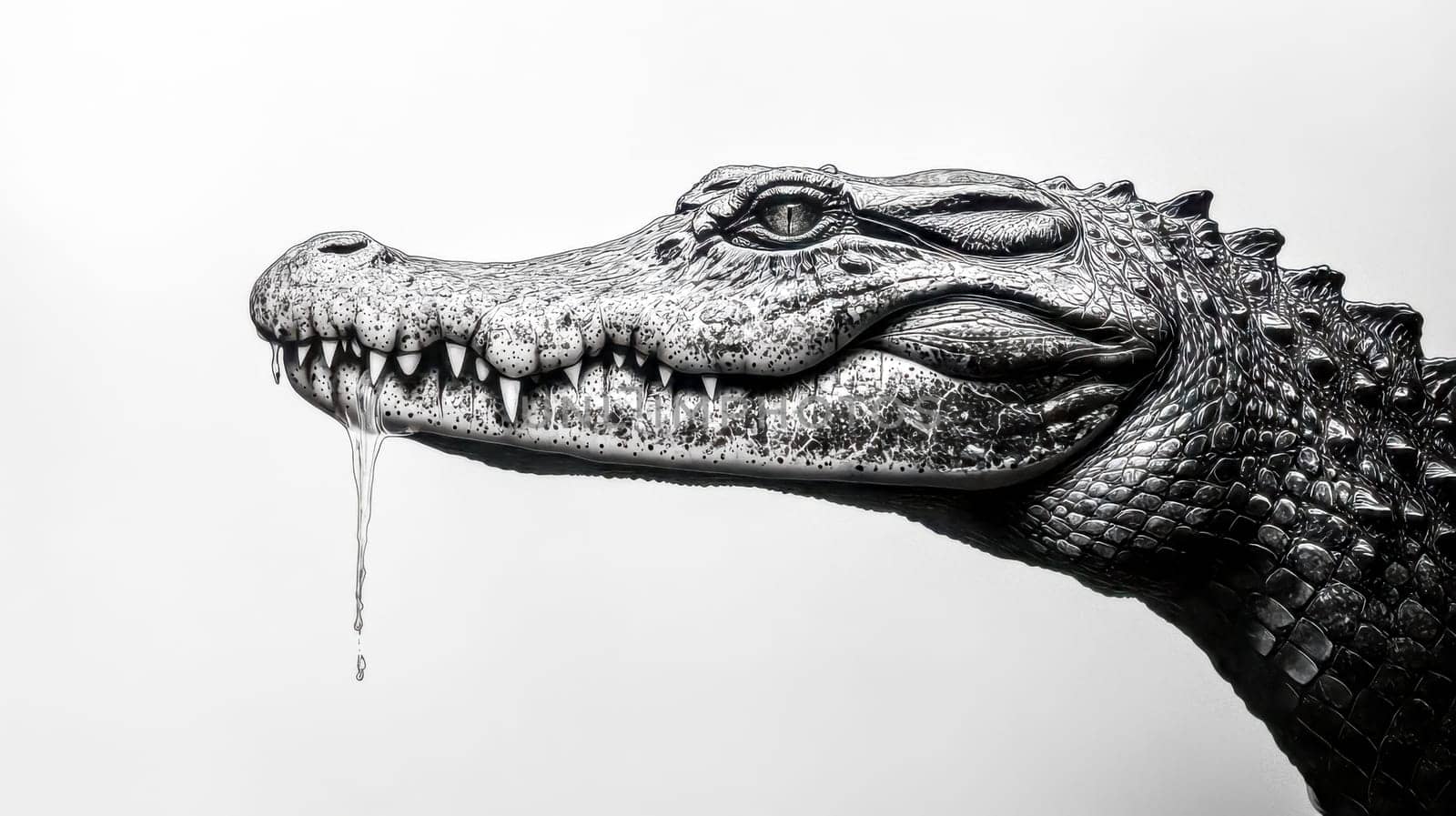 Crocodile shedding exaggerated tears on a minimalist white background, creating a striking visual metaphor for insincere remorse or fake sadness