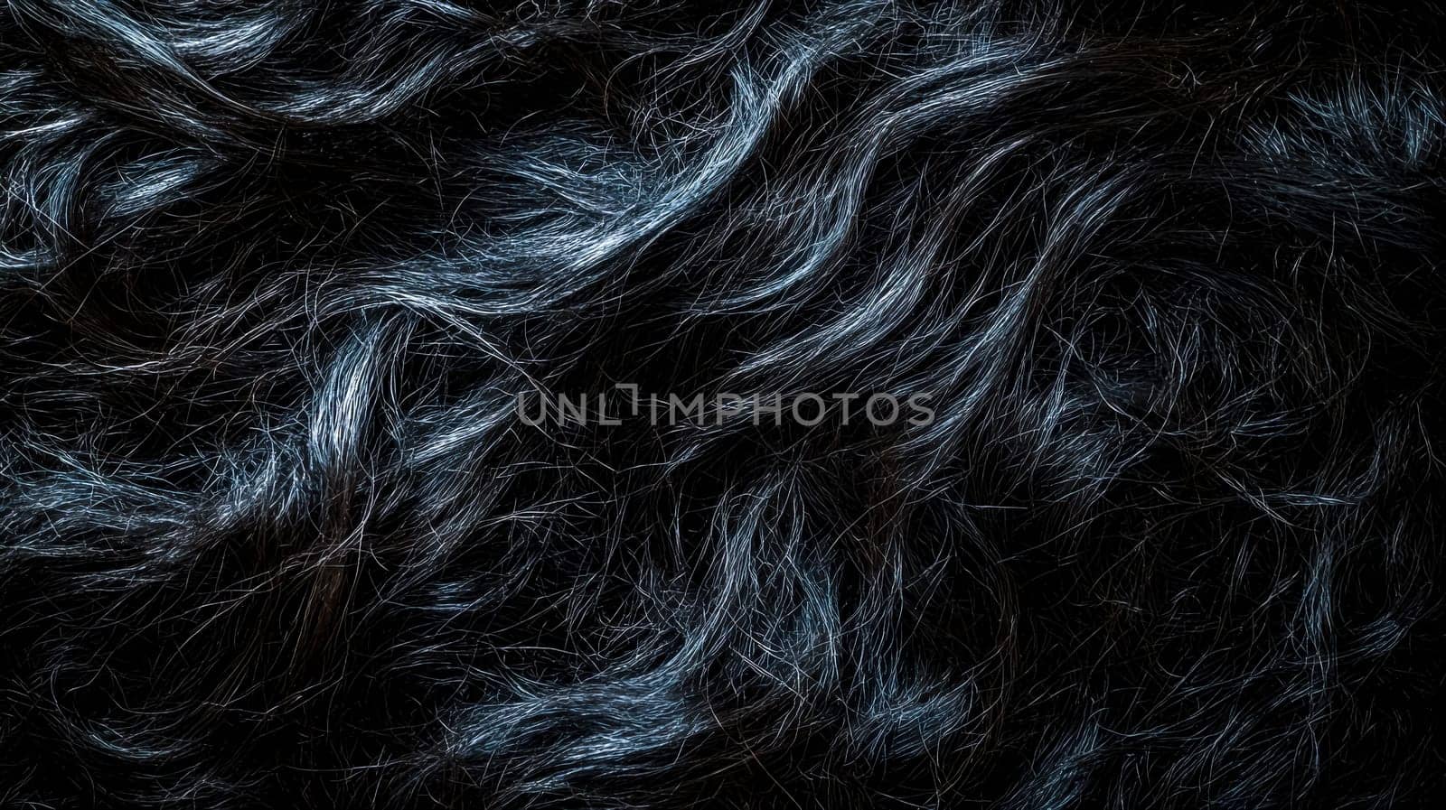 Close up of tangled, damaged dark hair with an eerie blue tint creates a moody and mysterious atmosphere, suitable for beauty, horror, or fantasy themes