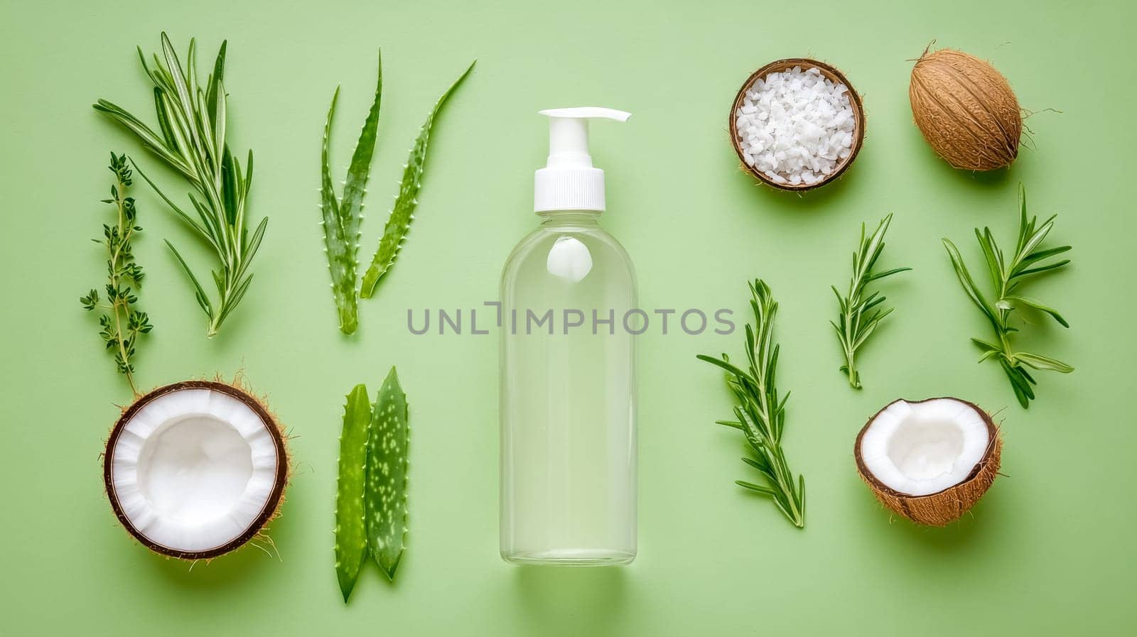Natural hair care set with dispenser bottle, coconut, aloe vera, herbs, and sea salt on green background, promoting organic beauty products