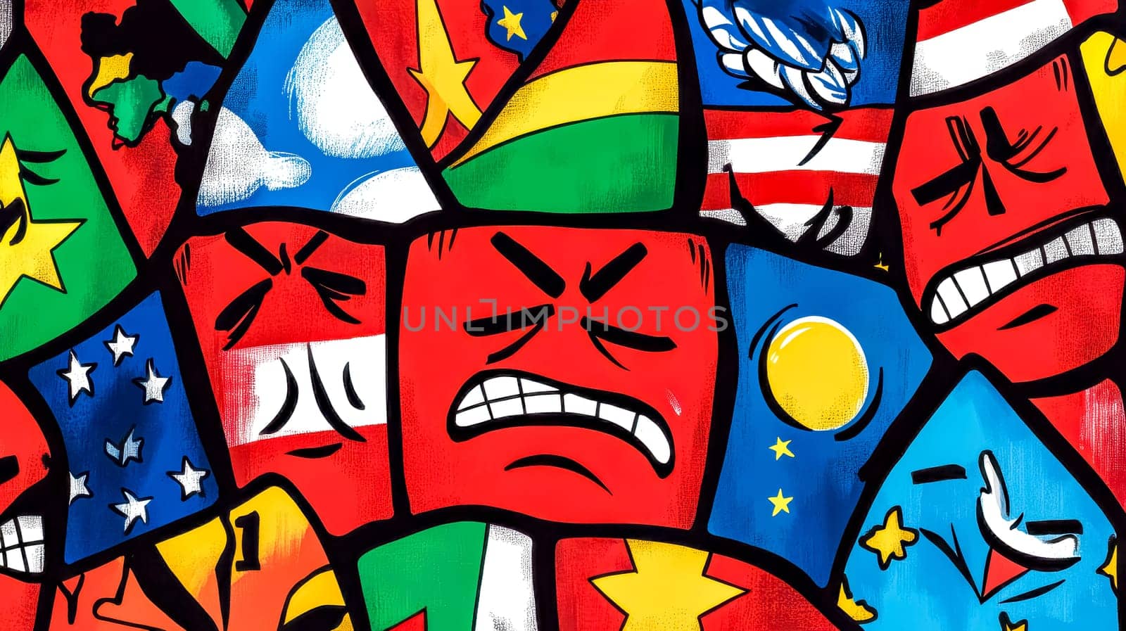 Cartoon drawing of various nations flags with angry expressions creating a chaotic and tense atmosphere, symbolizing global conflict and political tensions