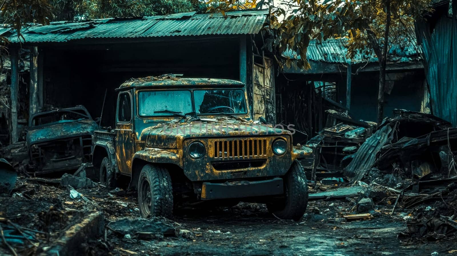 Old, rusty, and abandoned military vehicle sits in front of a dilapidated and destroyed building, possibly a consequence of war or disaster