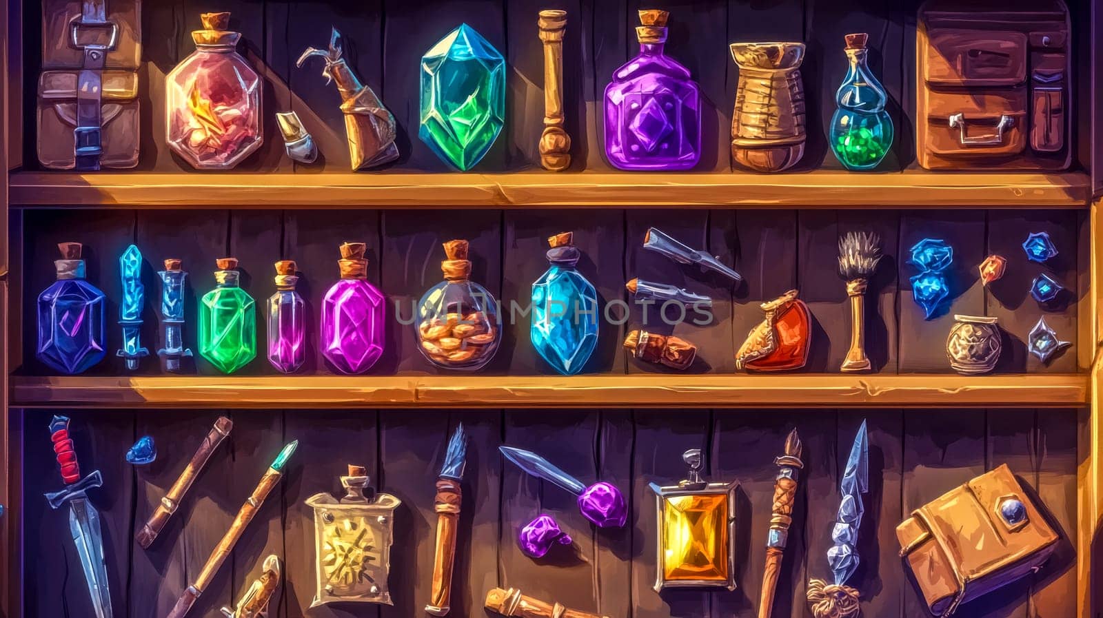 Colorful magic potions, crystals, weapons, and equipment on shelves create an enchanting fantasy scene for game development