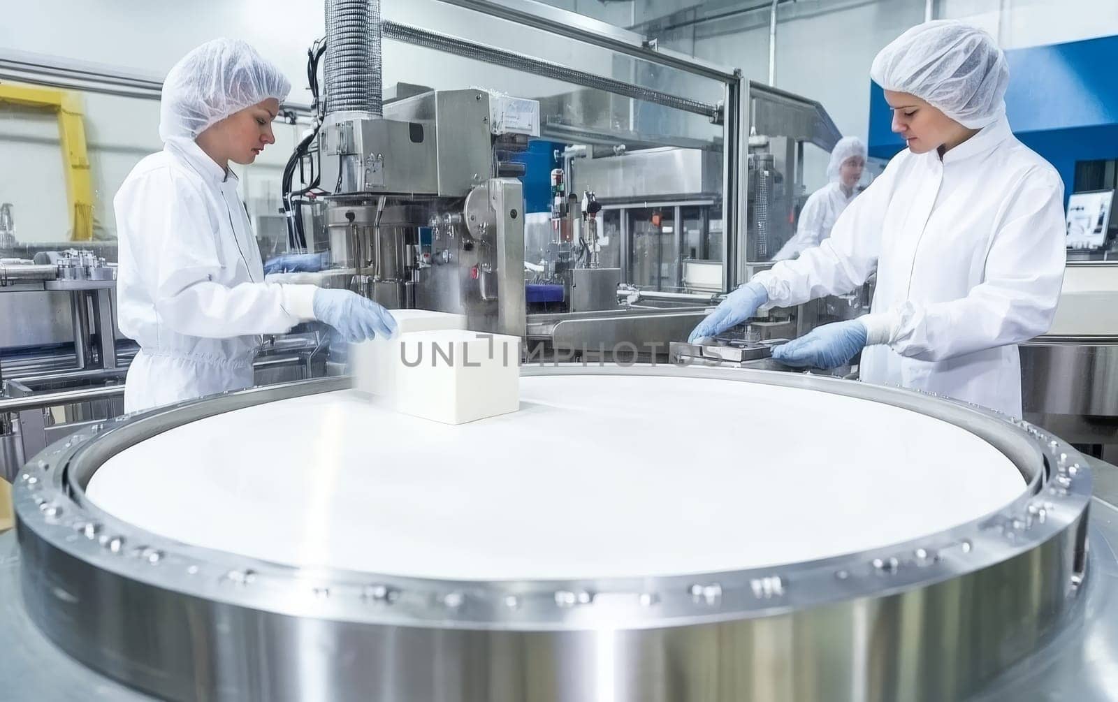 Two workers in protective gear operating a pharmaceutical production line with sterile equipment and circular packaging platform in modern facility.