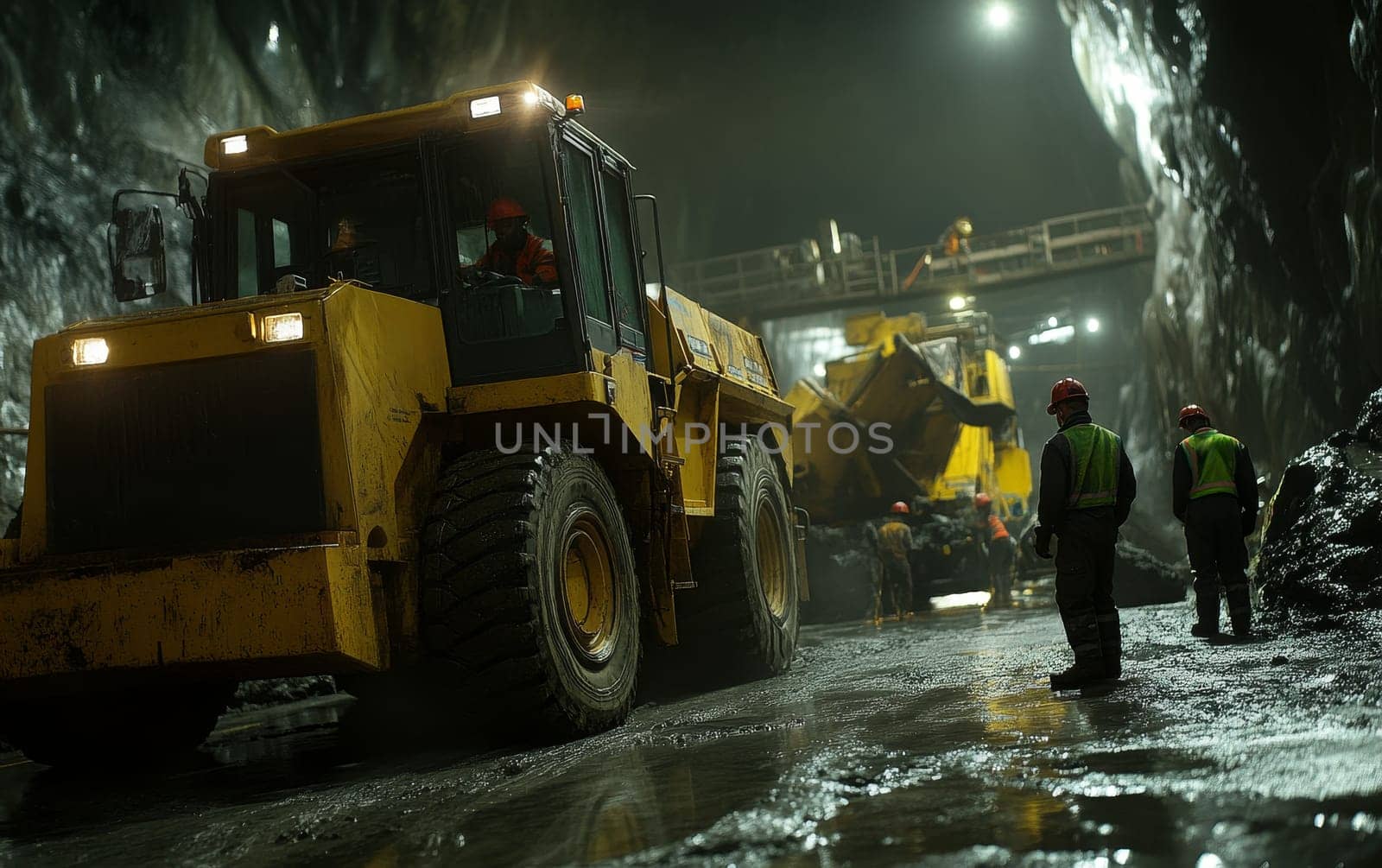 Large yellow mining equipment operating in a dimly lit underground tunnel, with workers in safety gear visible in the background.