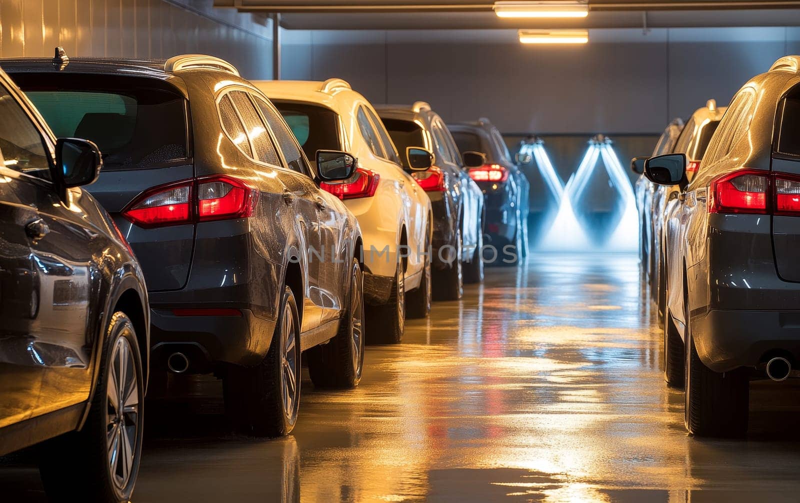 Row of high-end cars parked in a sleek, well-lit underground parking garage, reflecting on the polished floor and showcasing automotive luxury.