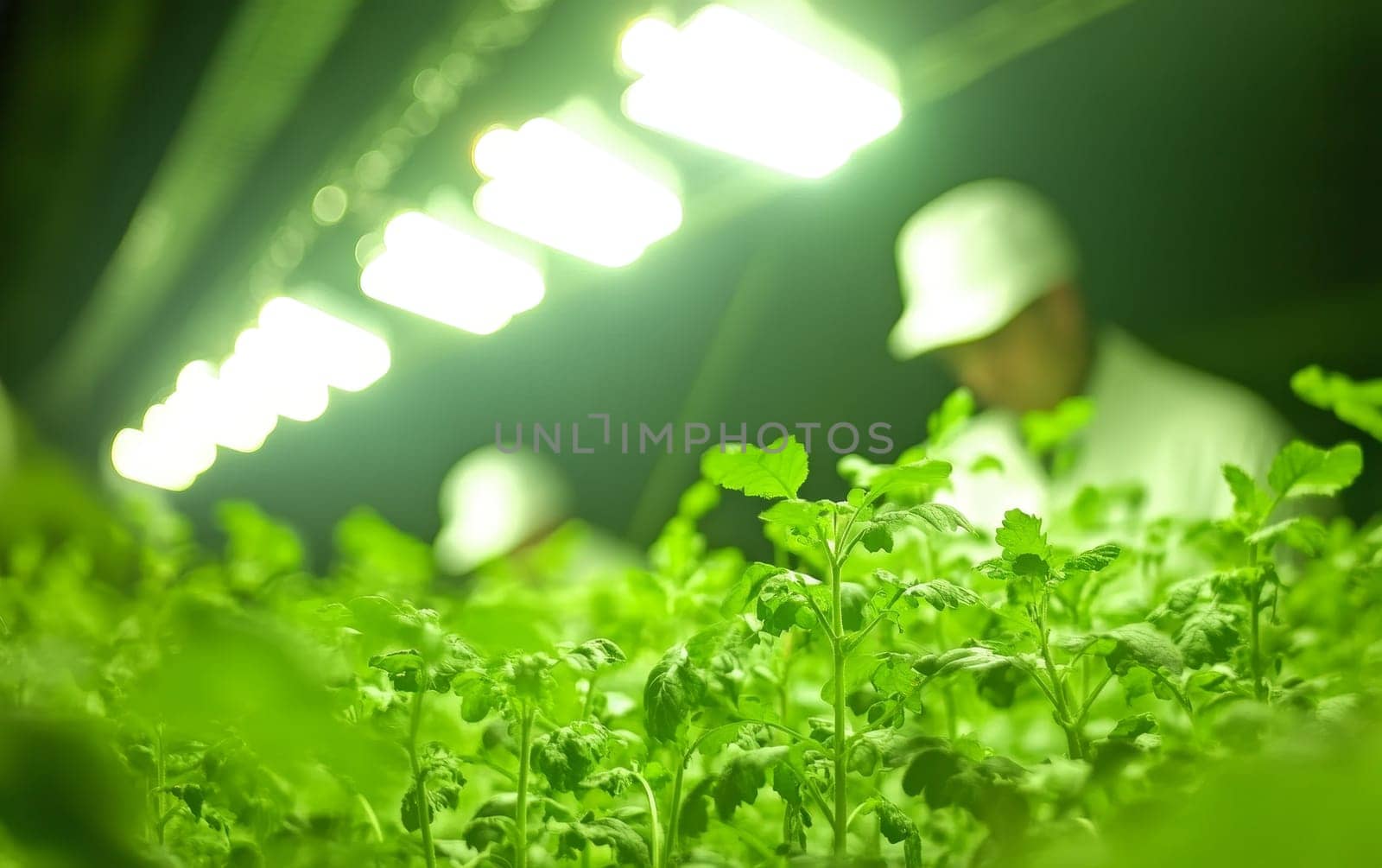 Close-up of green leafy plants growing under LED lights in a vertical farming facility, with a worker in protective gear visible in the background.