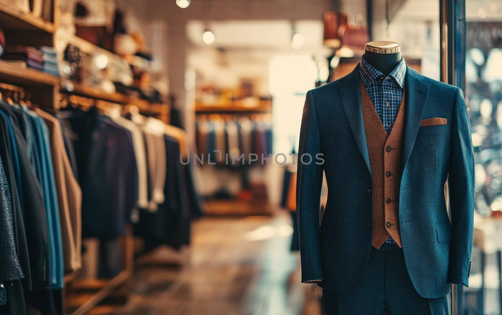 Stylish blue suit jacket with brown vest and checkered shirt displayed on mannequin in upscale men's clothing store, showcasing tailored fashion.