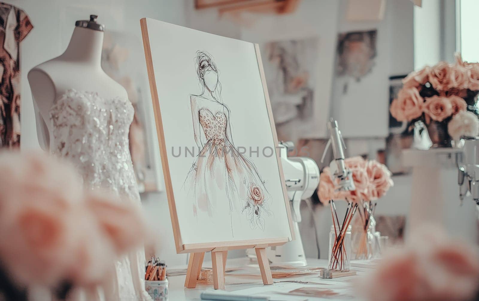 Elegant wedding dress sketch on an easel with a mannequin and floral decorations in a bridal design studio, showcasing fashion creativity.
