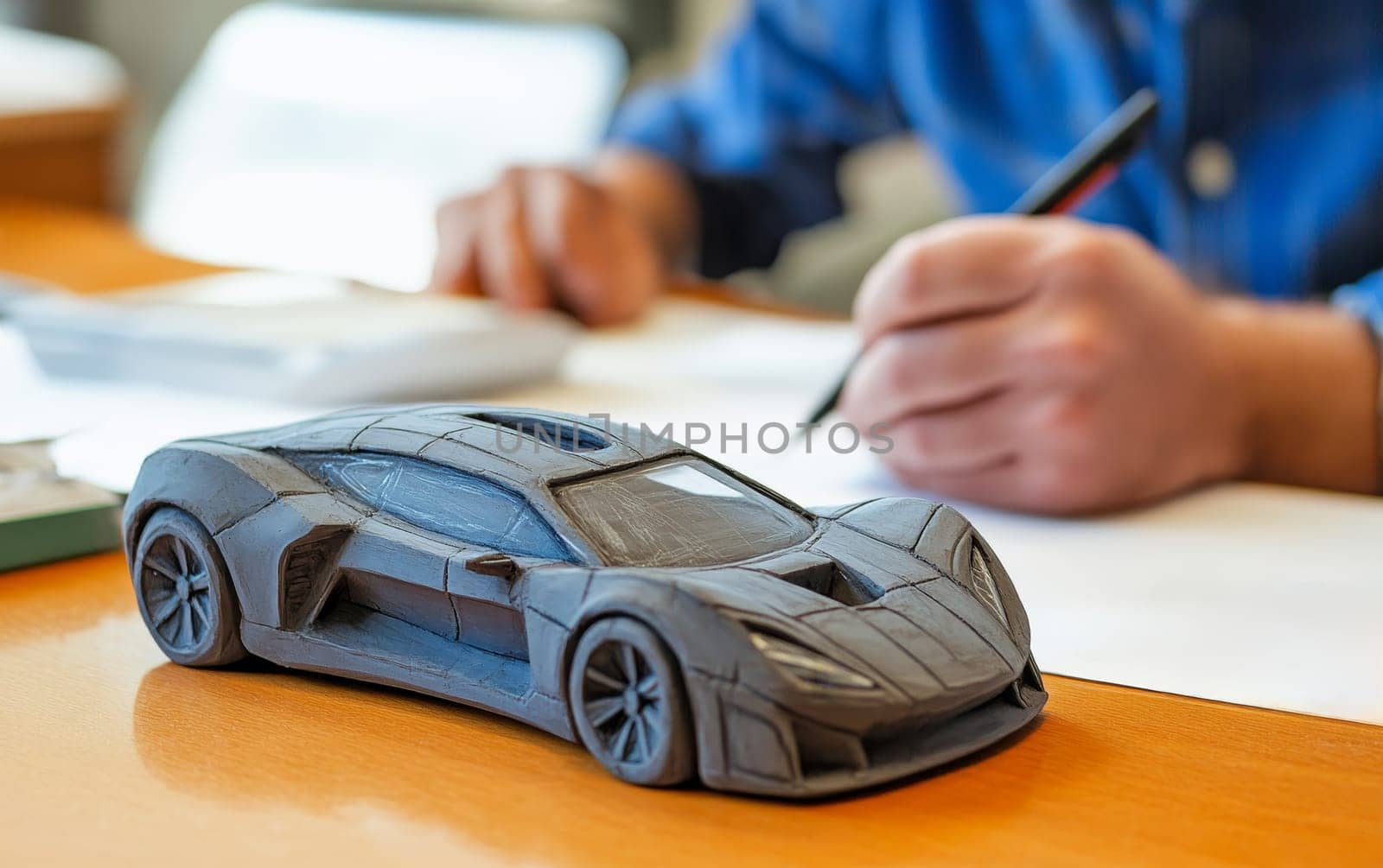 Close-up of a clay model sports car on a wooden desk with hands working on it, showcasing automotive design process and craftsmanship.