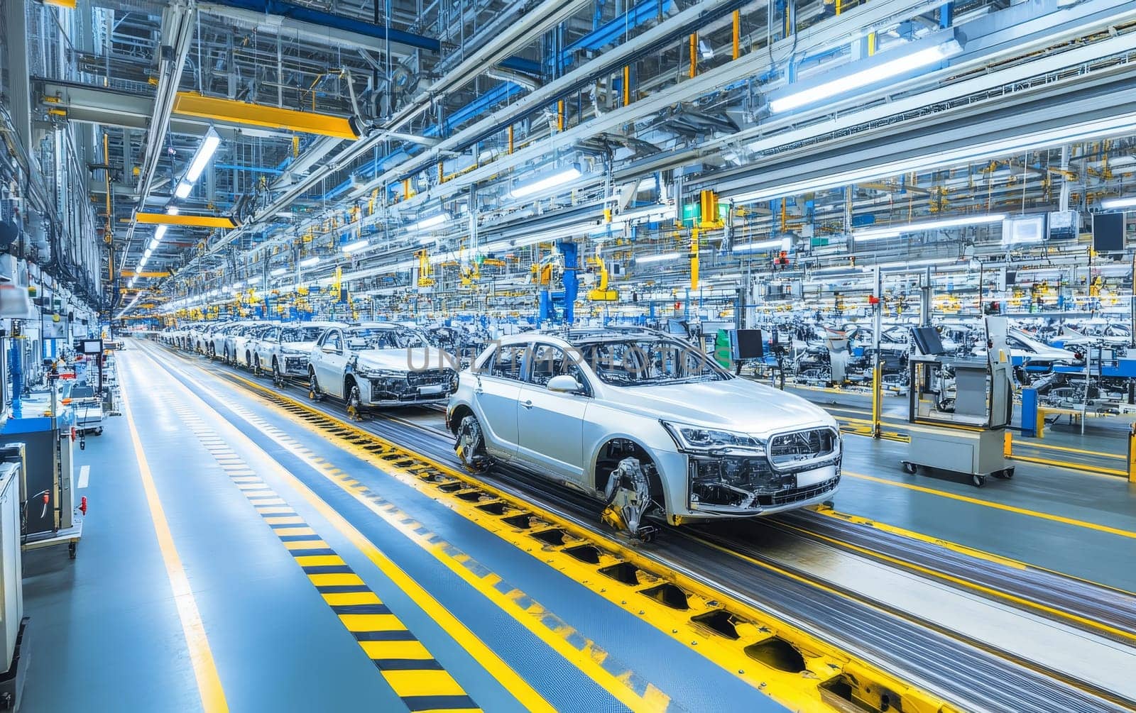 Futuristic car manufacturing facility with partially assembled vehicles on conveyor belt, surrounded by robotic equipment and bright industrial lighting.