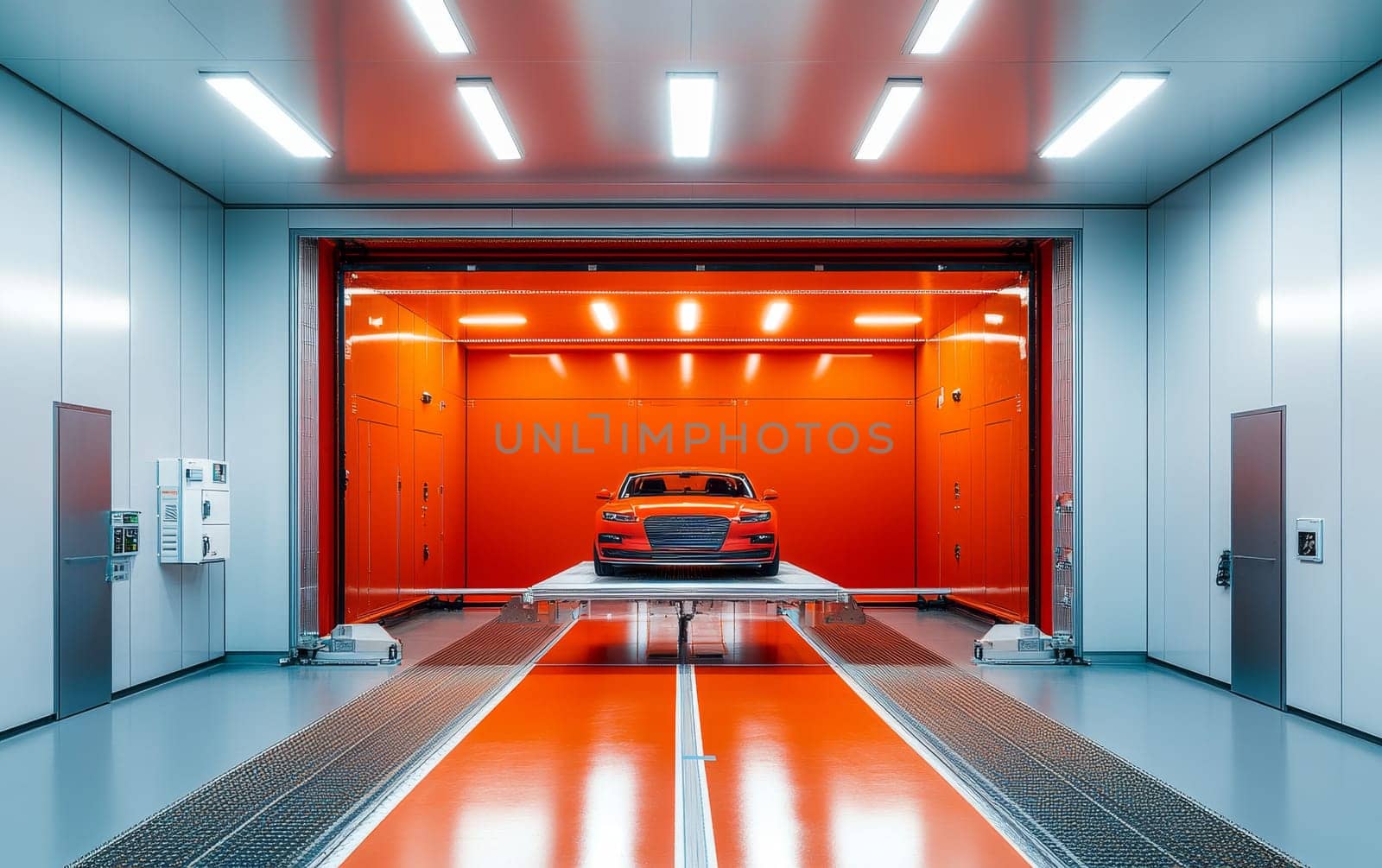 Orange luxury sports car on a platform in a futuristic testing facility with bright lighting, showcasing automotive quality control and engineering.