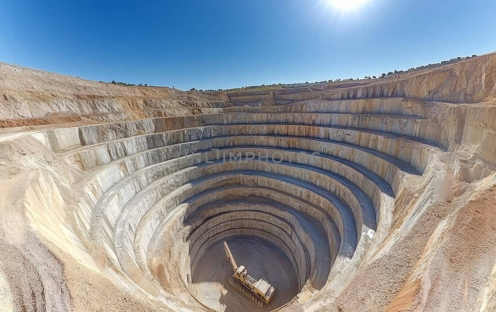 Aerial view of a colossal circular open-pit mine with descending terraced levels, showcasing large-scale mineral extraction operations in an arid landscape.