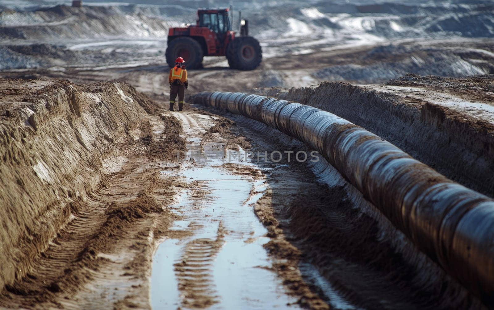 Worker in safety gear overseeing pipeline installation at a rugged construction site, with heavy machinery and excavated trenches visible in the background.