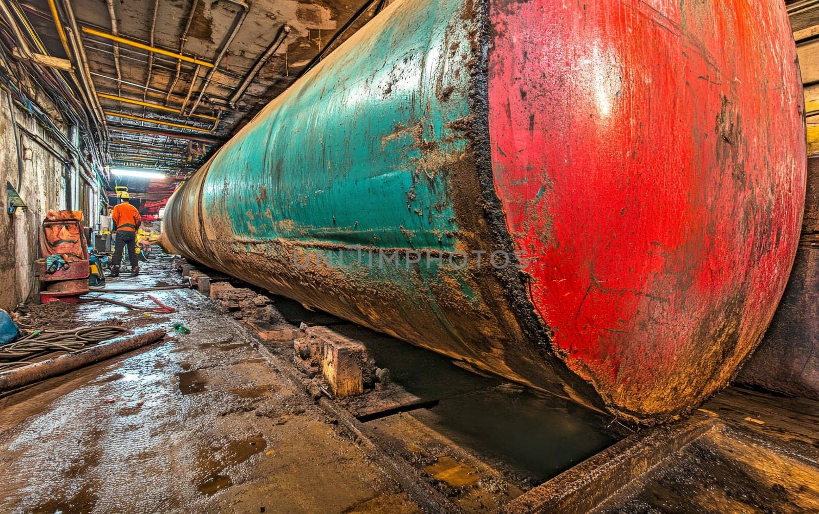 Large colorful pipeline in underground tunnel with worker in background, showcasing infrastructure maintenance and industrial engineering.