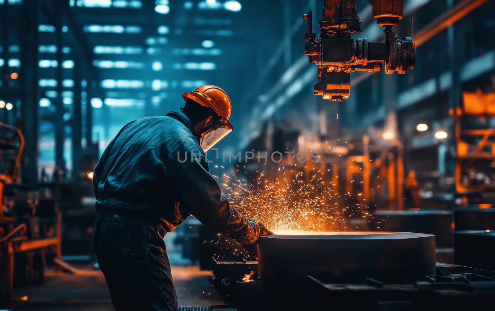 Welder working on metal construction in dimly lit industrial setting, with bright sparks flying, showcasing skilled labor and manufacturing processes.