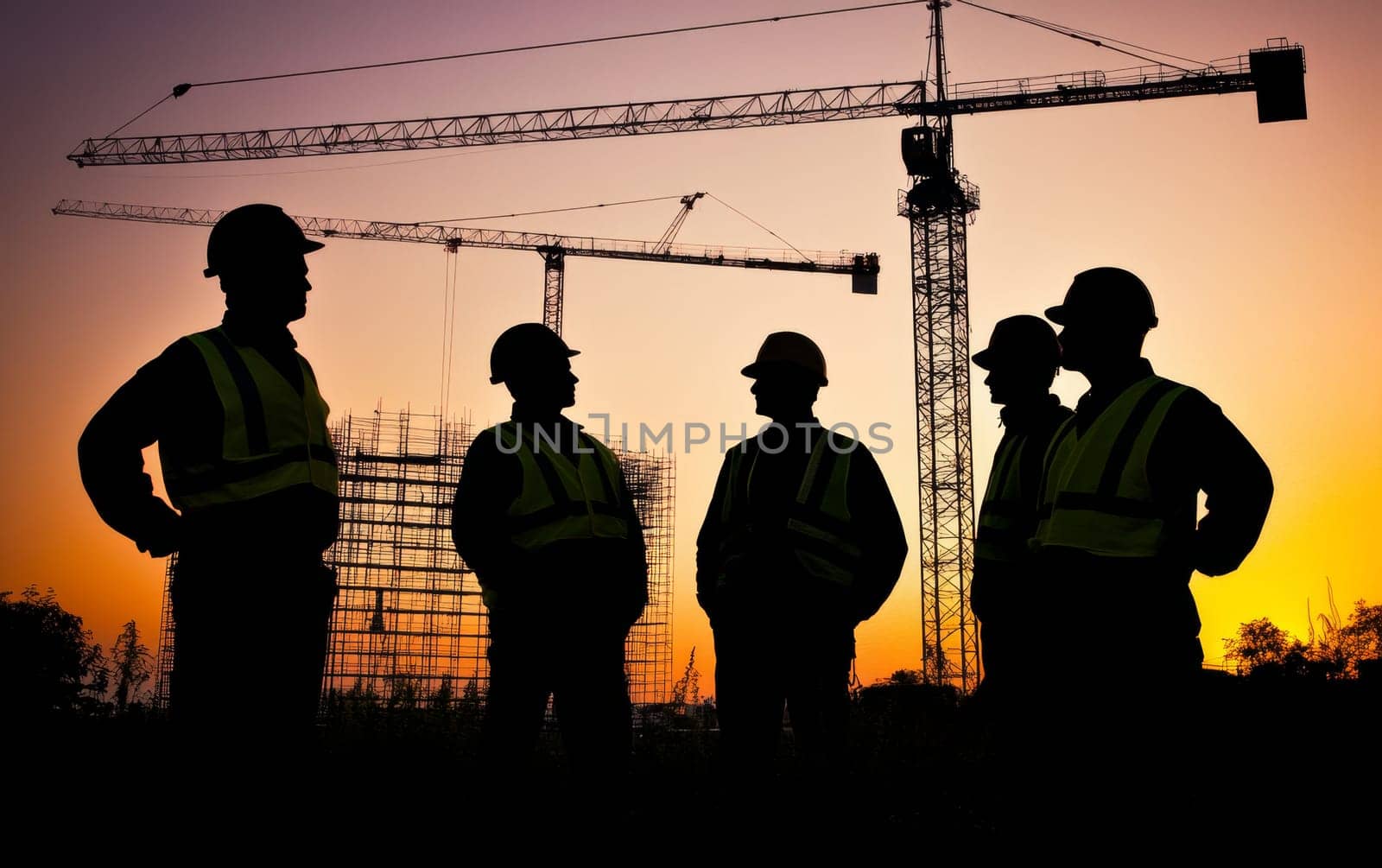 Silhouettes of construction workers against a vibrant sunset sky with cranes and scaffolding in the background, symbolizing progress and development.