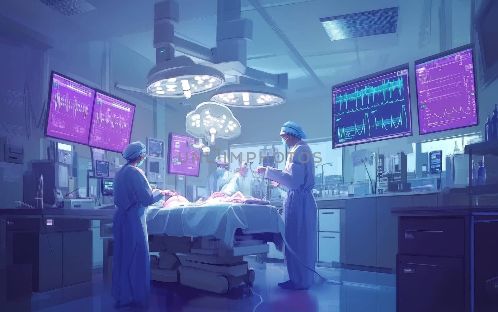 Modern operating theater with surgeons performing procedure, surrounded by high-tech medical equipment and large monitors displaying patient data.