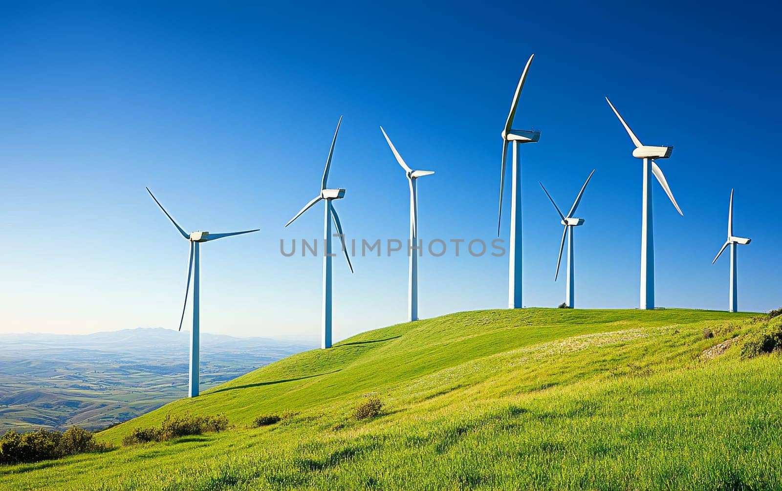 Majestic wind turbines standing tall on a lush green hillside against a clear blue sky, symbolizing clean and renewable energy production.