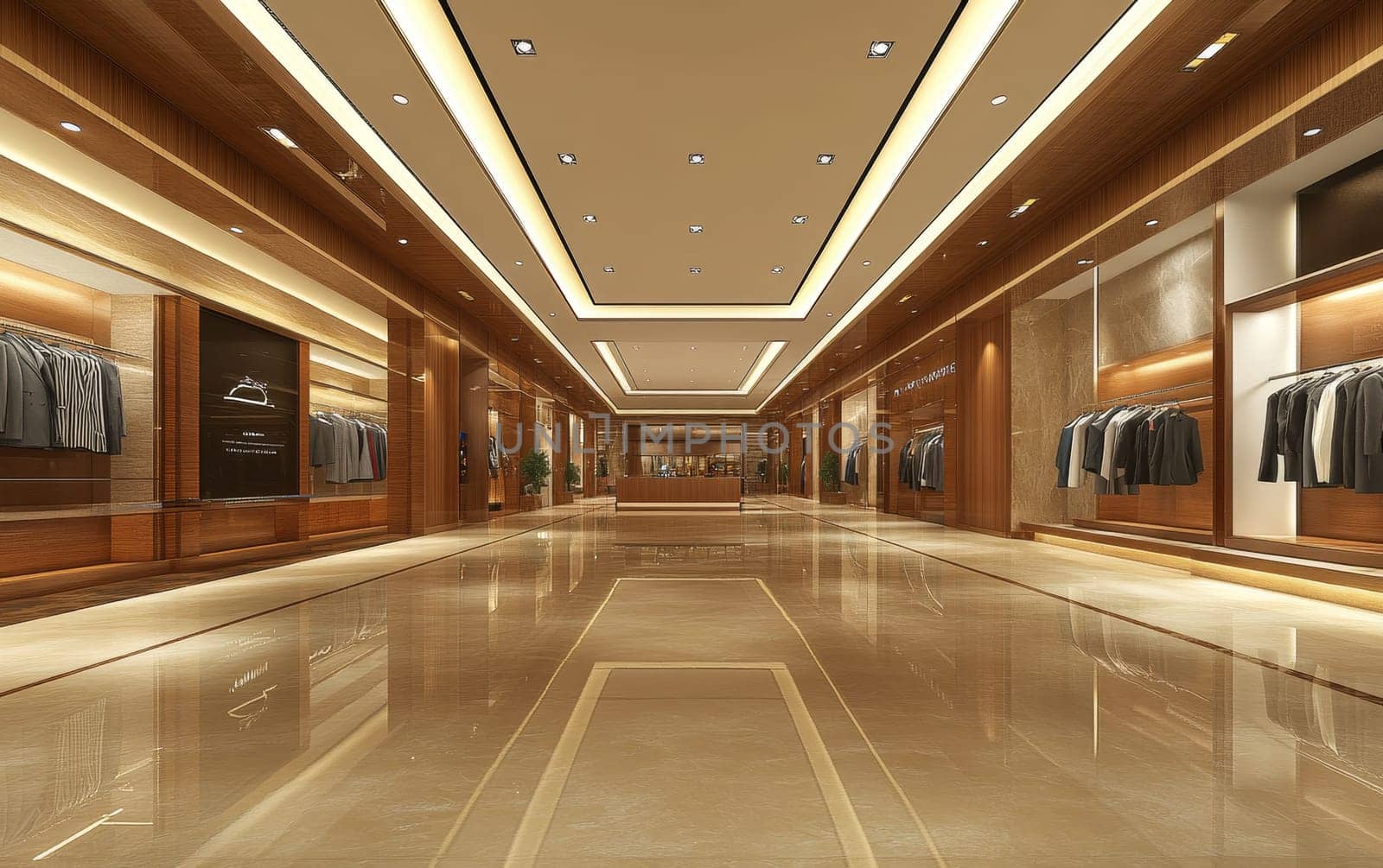 Elegant and spacious interior of a high-end men's clothing store with polished floors, wood paneling, and warm lighting showcasing designer suits and accessories.