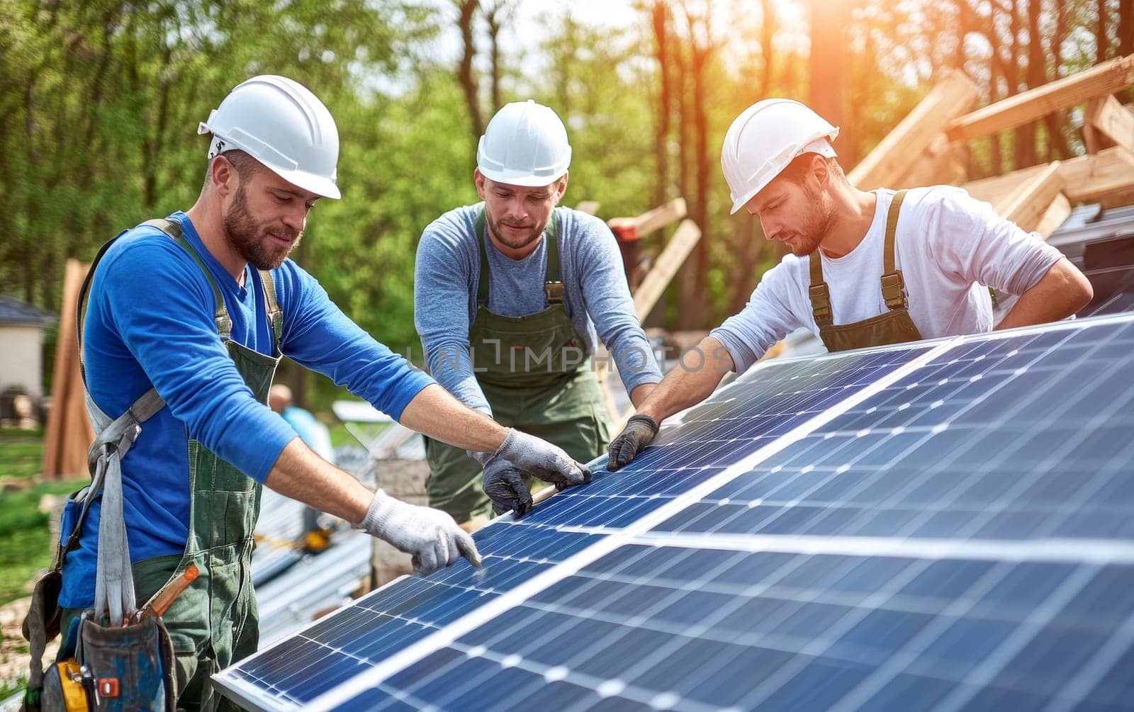 Three workers in safety gear installing solar panels on a roof, surrounded by green trees, illustrating renewable energy technology implementation.