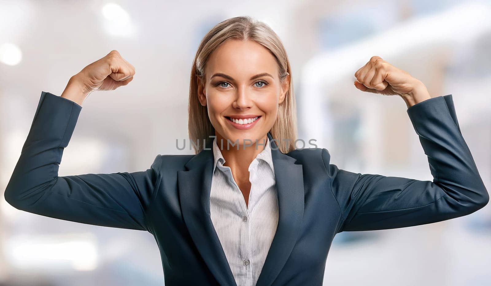 Confident young woman office worker flexing both arms showing strength. Empowerment and business professionalism concept