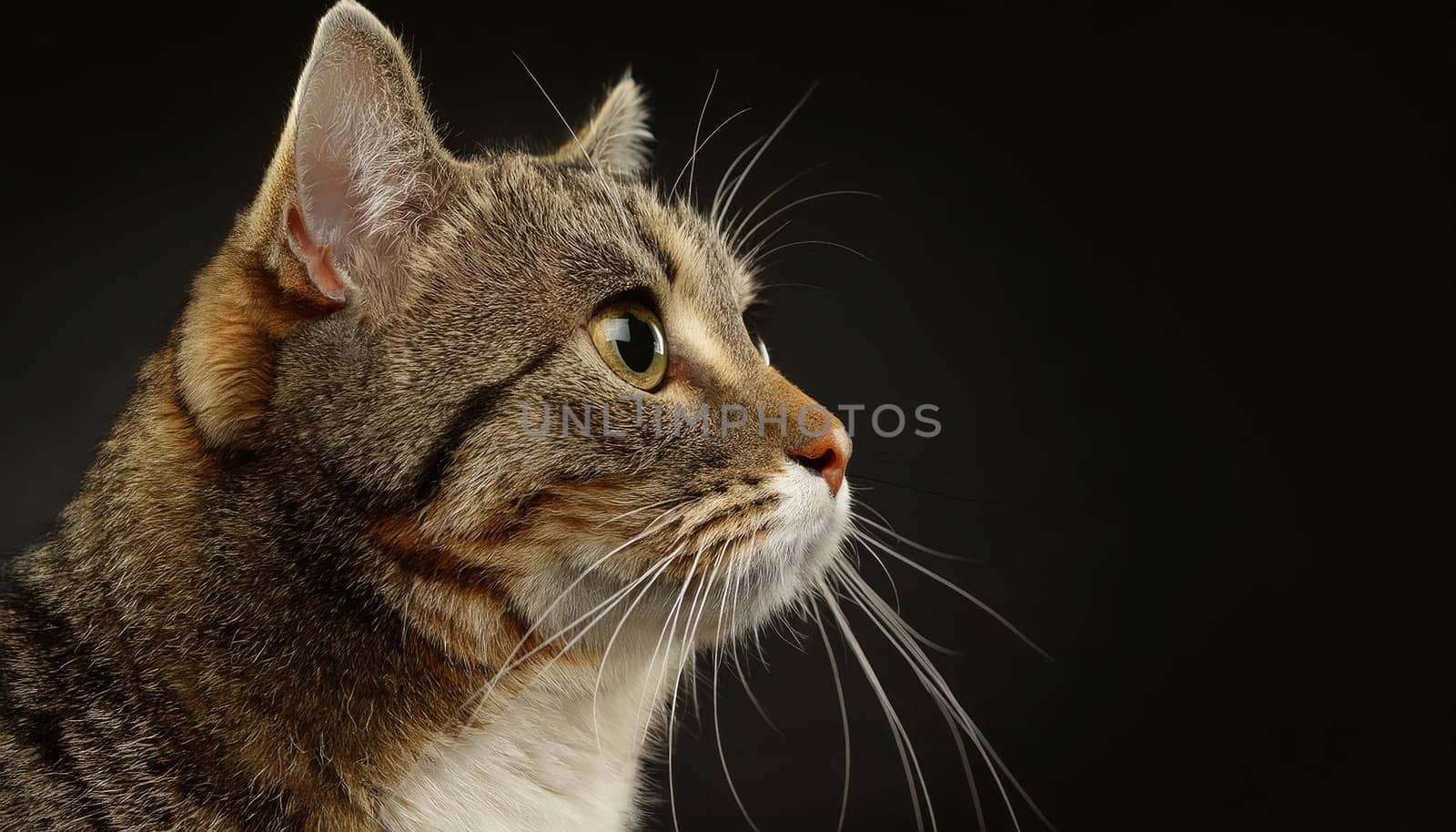 Cute tabby cat looking straight aside with large, expressive eyes isolated on dark background with copy space
