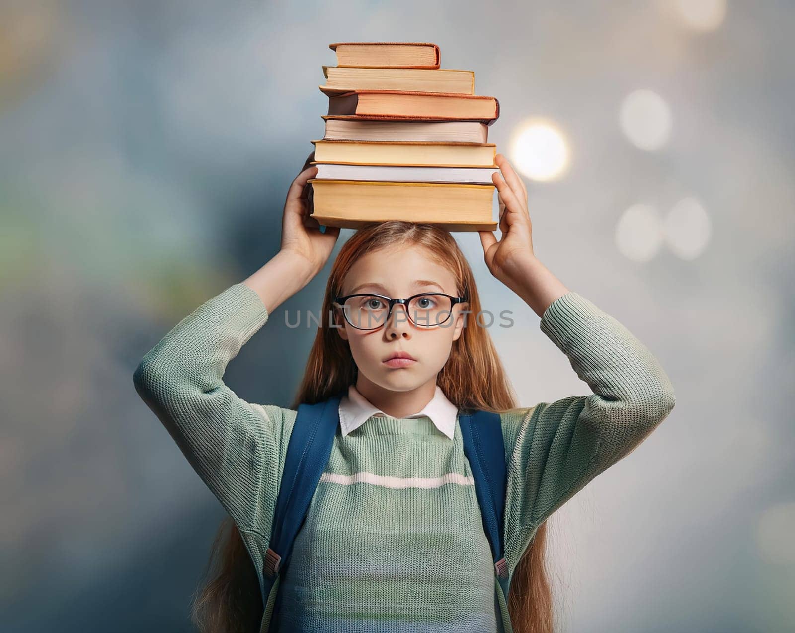 Overwhelmed student girl holding books pile over head. Tired of learning and too much homework pupil wears eyeglasses and backpack looks confused
