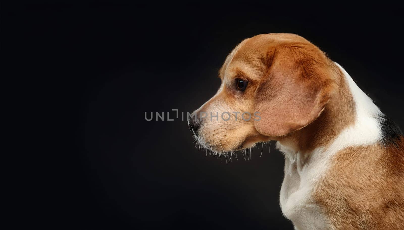 Closeup sive view portrait of a Beagle dog breed isolated on dark background with copy space