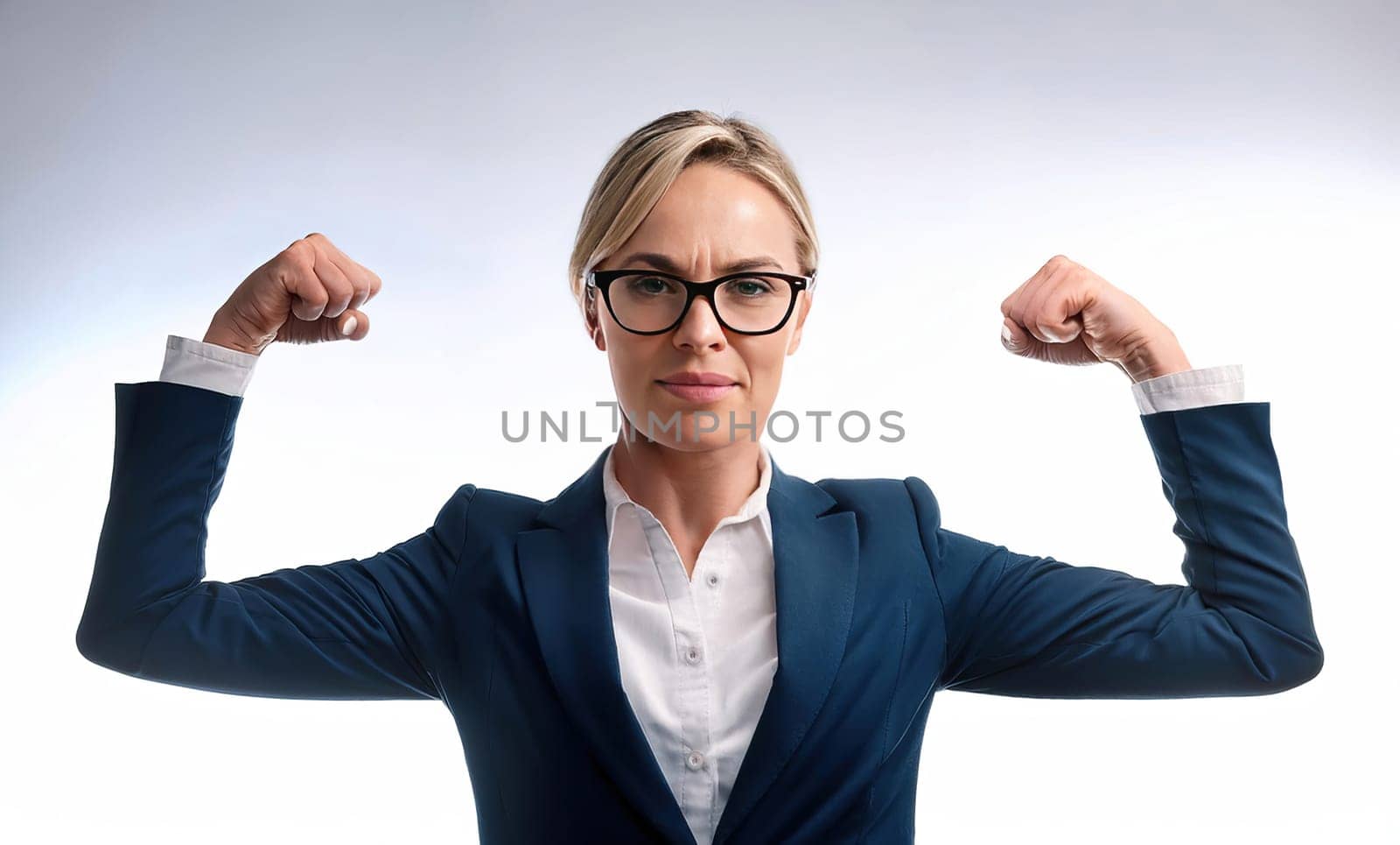 Dominant businesswoman flexing both arms showing strength and confidence. Empowerment and business professionalism. Feminist power concept