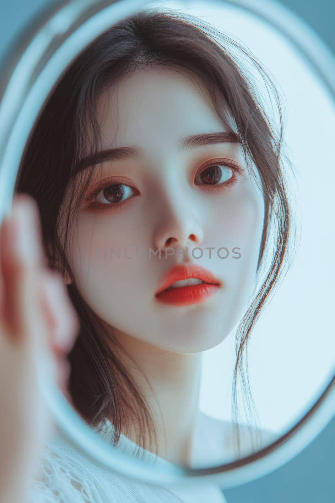 Portrait of a young beautiful Asian woman looking in the mirror.