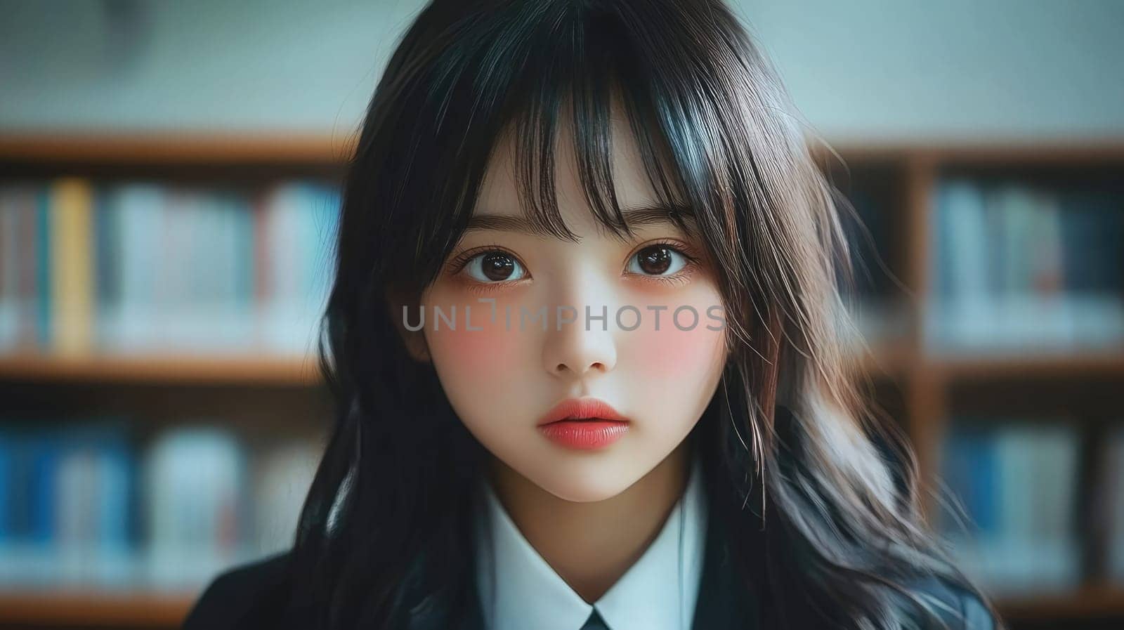 Anime style illustration of a beautiful Asian schoolgirl wearing uniform in classroom looking into camera. Back to school concept.