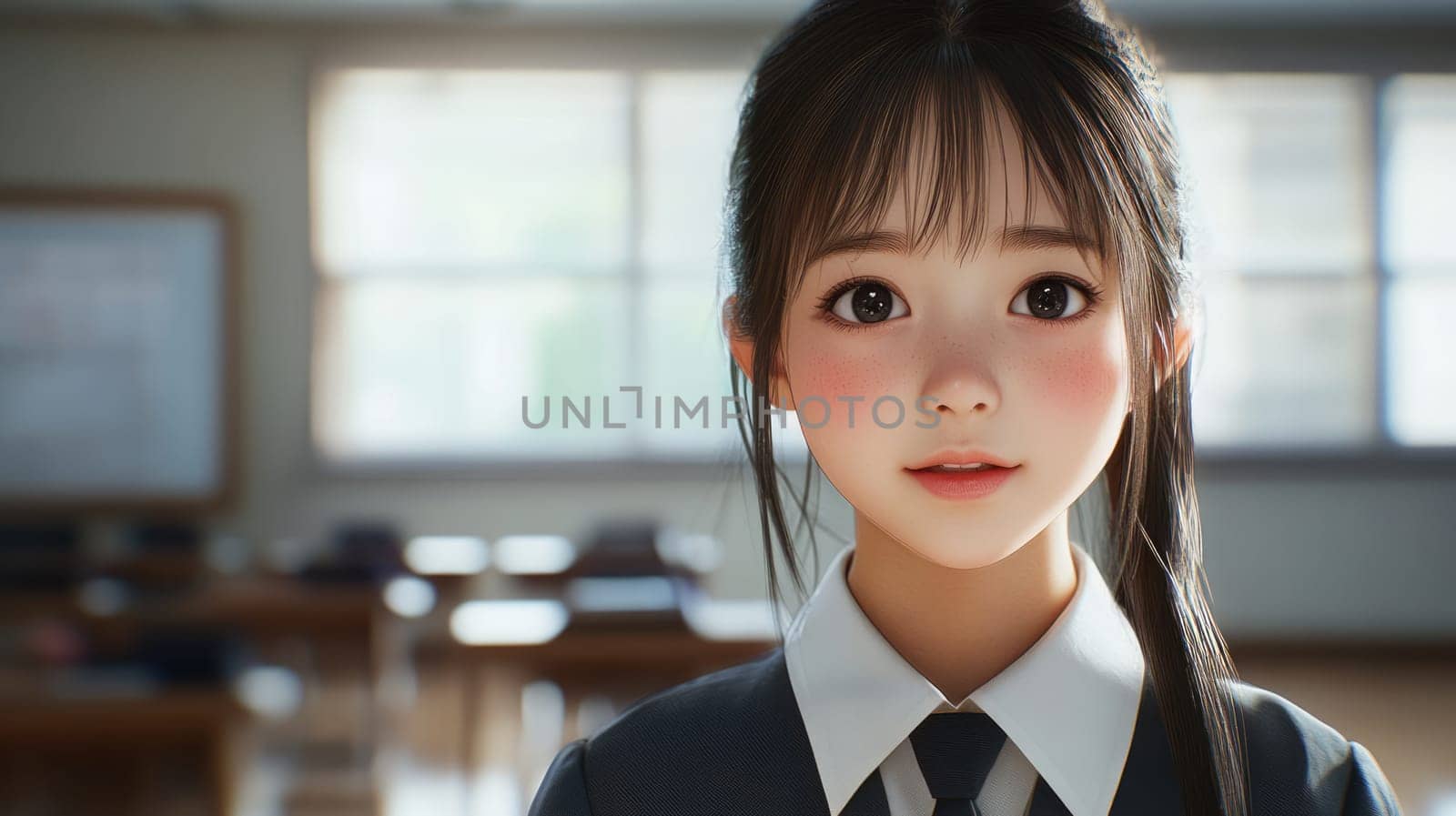 Anime style illustration of a beautiful Asian schoolgirl wearing uniform in classroom looking into camera. Back to school concept.