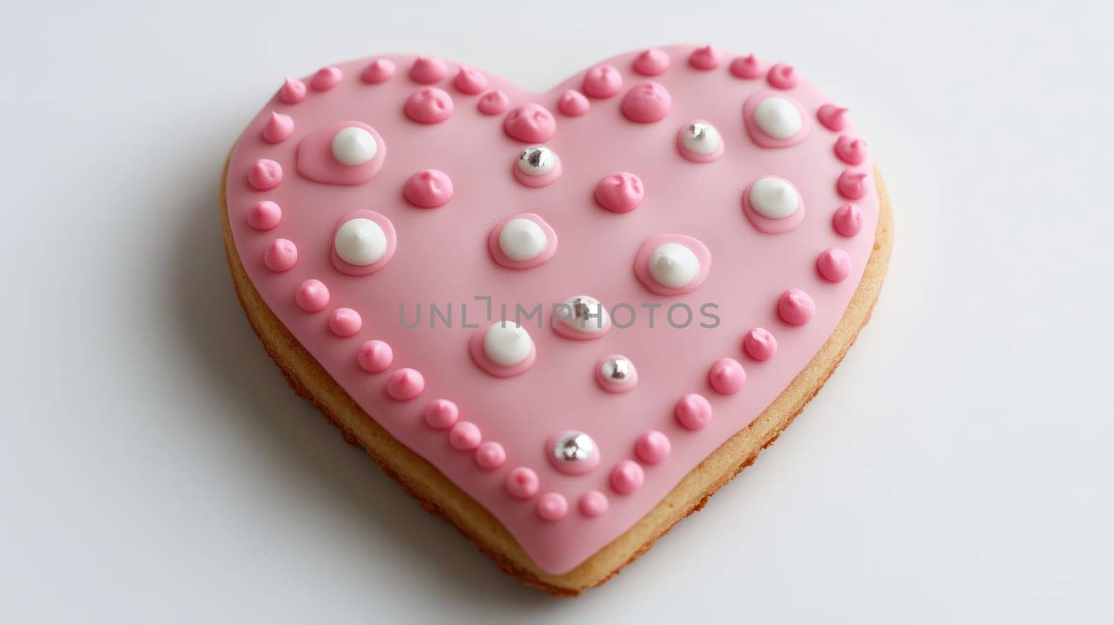 Pink heart-shaped cookie on white background. St. Valentine's day love and passion concept.