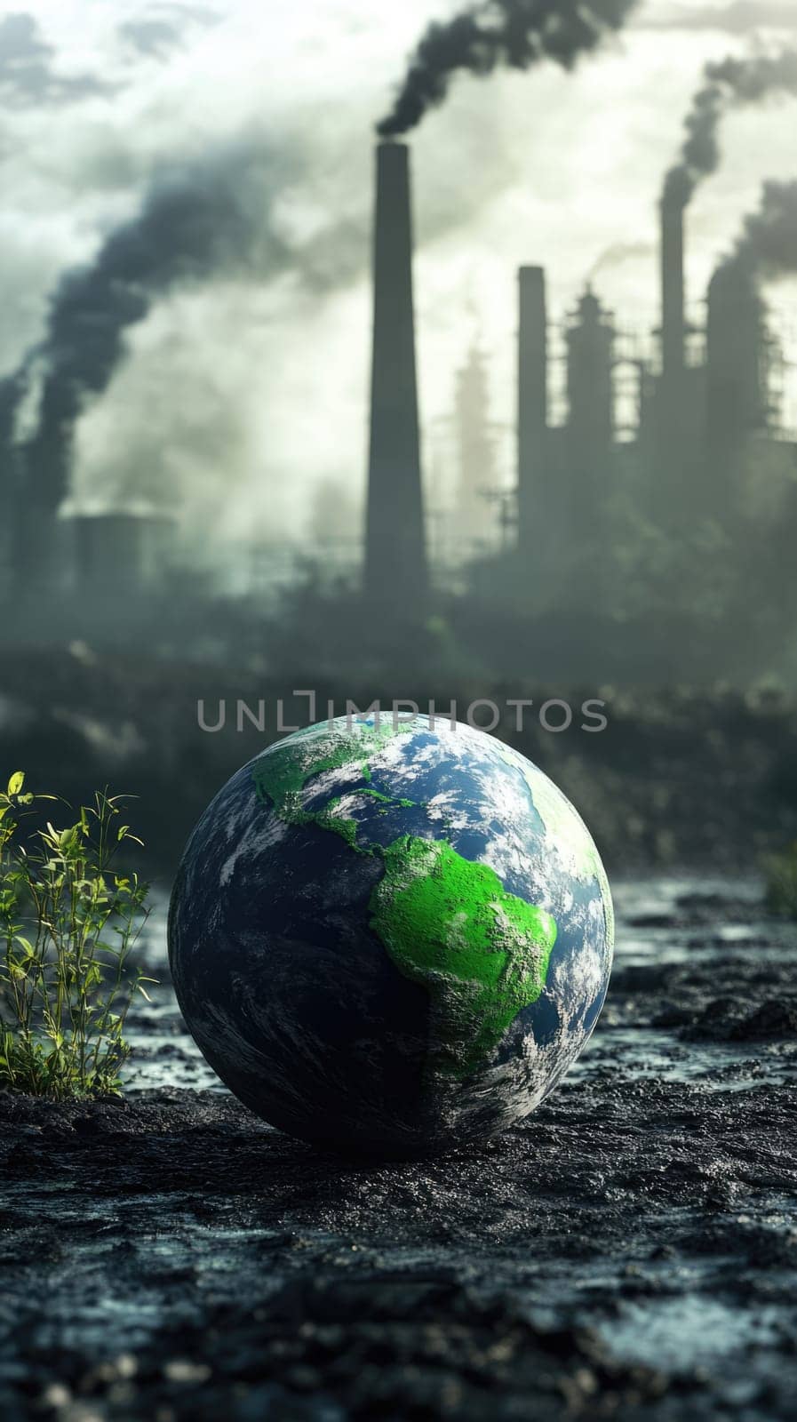 Earth globe on the polluted ground with factory smokestacks at the background. Environmental pollution ecology concept.