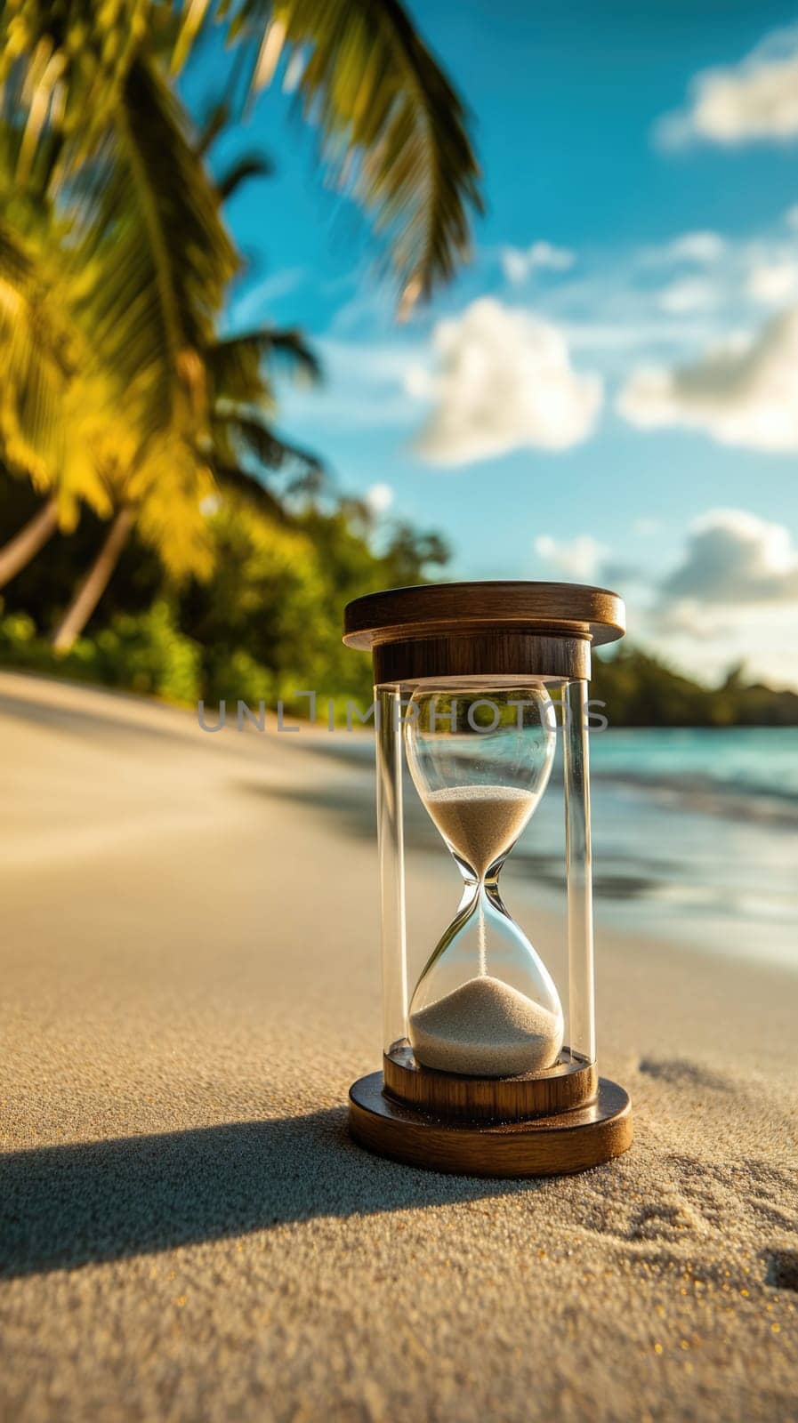 Hourglass on the tropical sandy beach with turquoise water and palm trees at the background.