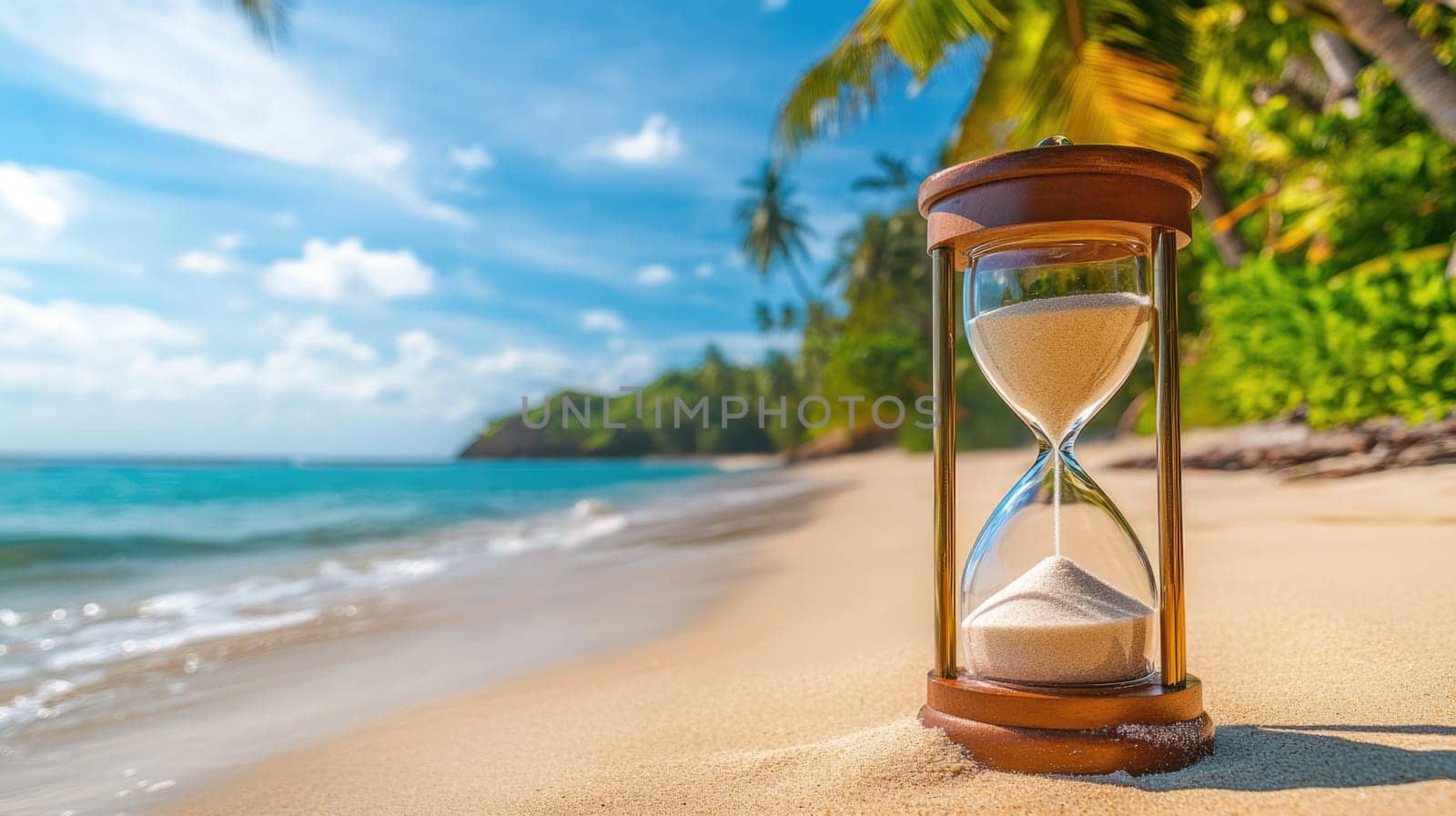 Hourglass on the tropical sandy beach with turquoise water and palm trees at the background.
