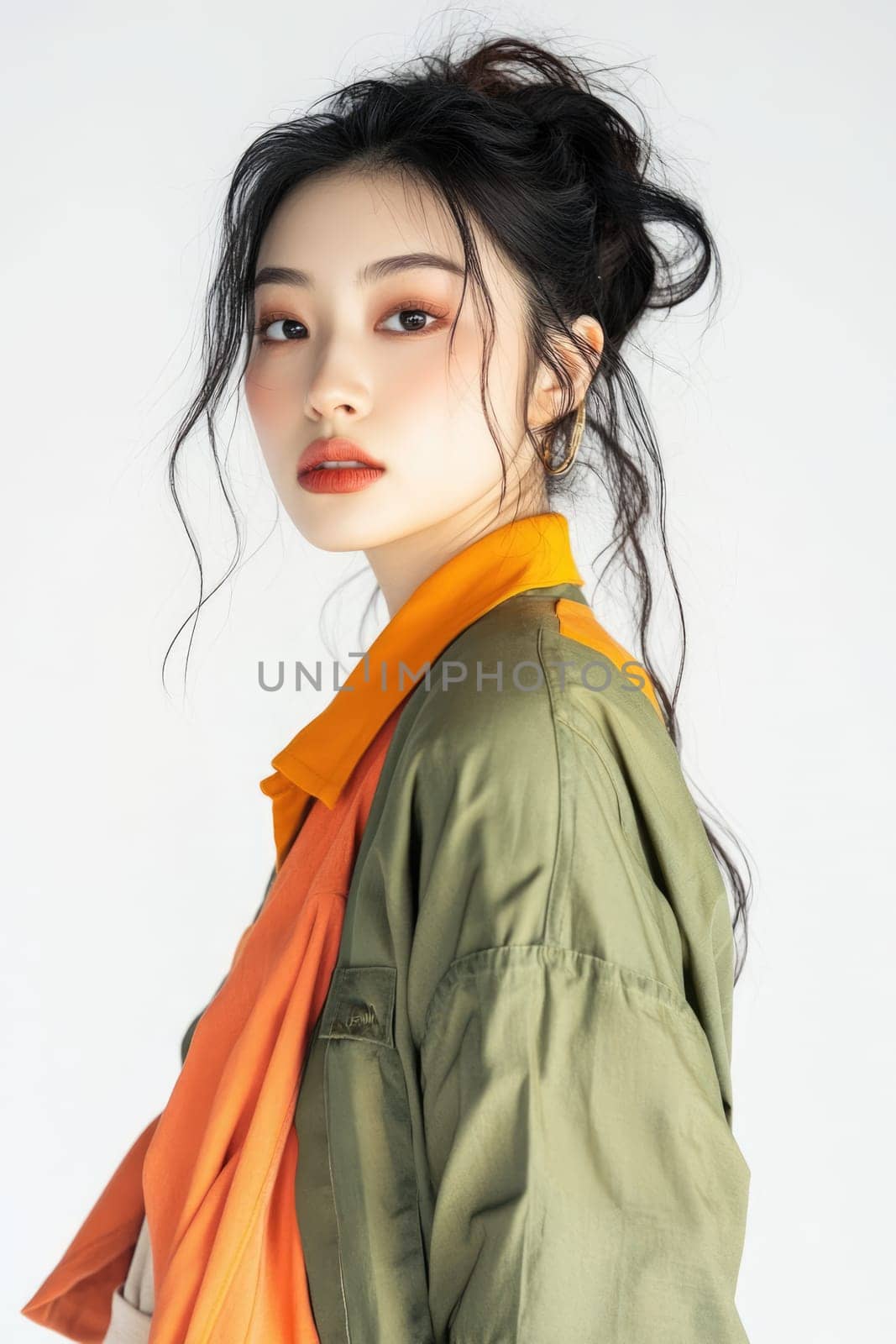 Studio portrait of a young beautiful Asian woman wearing a green and orange jacket on white background.