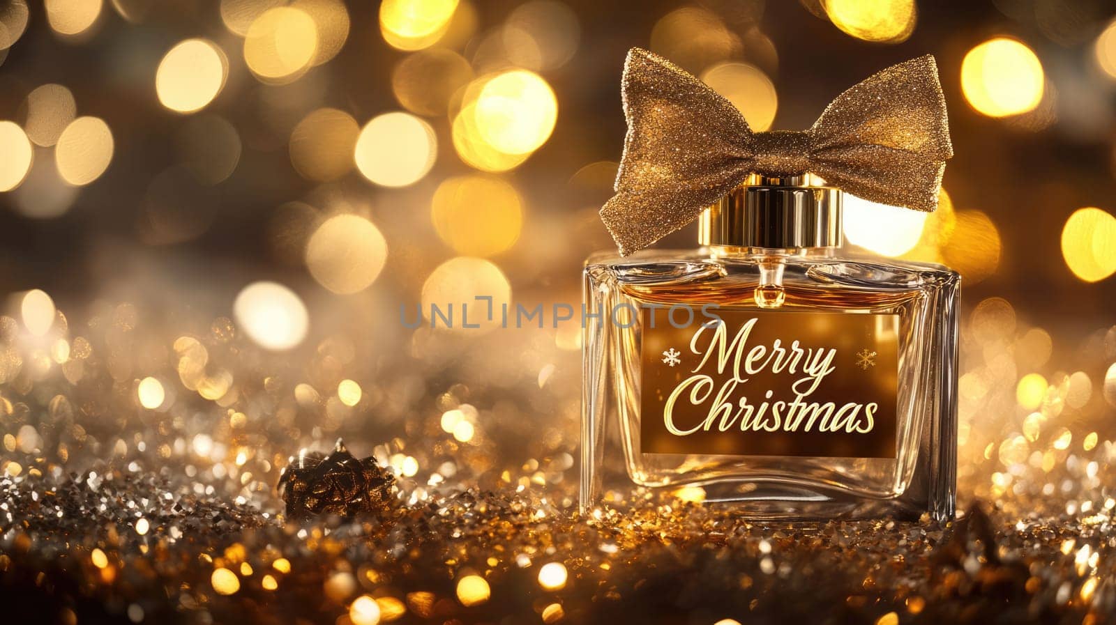Transparent perfume bottle with Merry Christmas text and a bow on golden bokeh background with copy space. New Year gift.