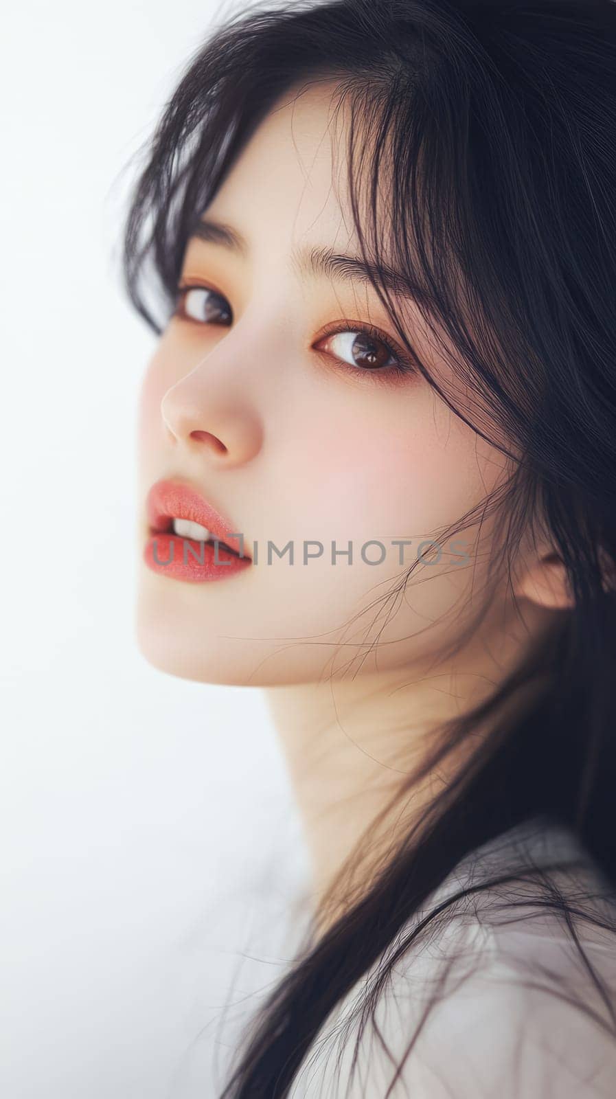 Studio portrait of a young beautiful Asian woman on white background.