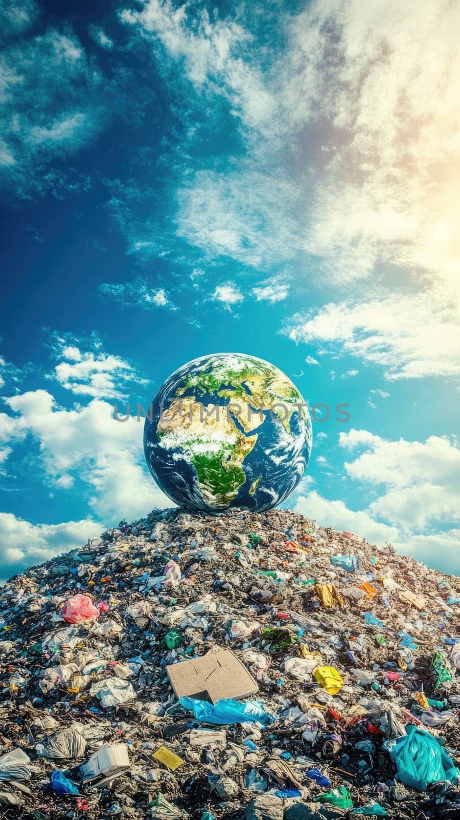 Earth globe in a landfill of plastic waste and garbage against blue sky. Environmental pollution ecology concept.