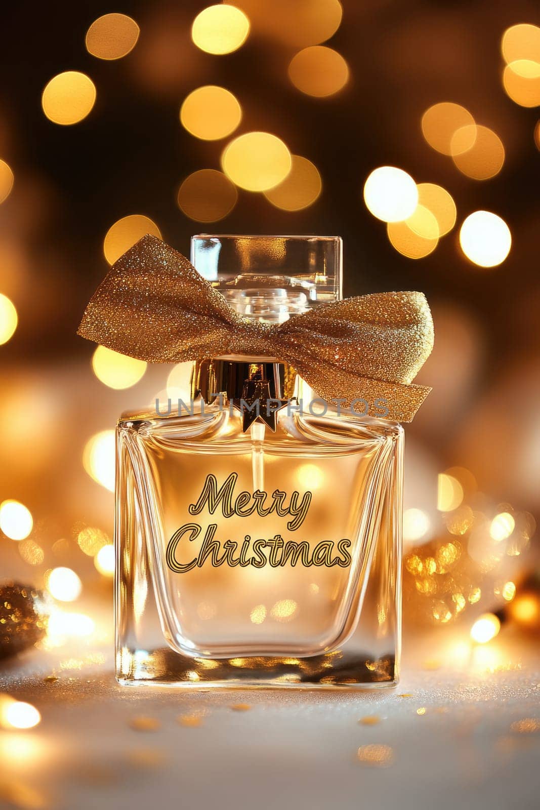 Transparent perfume bottle with Merry Christmas text and a bow on golden bokeh background with copy space. New Year gift.