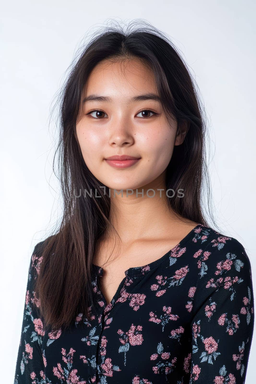Studio portrait of a young beautiful Asian woman wearing dark casual dress with flowers on white background.