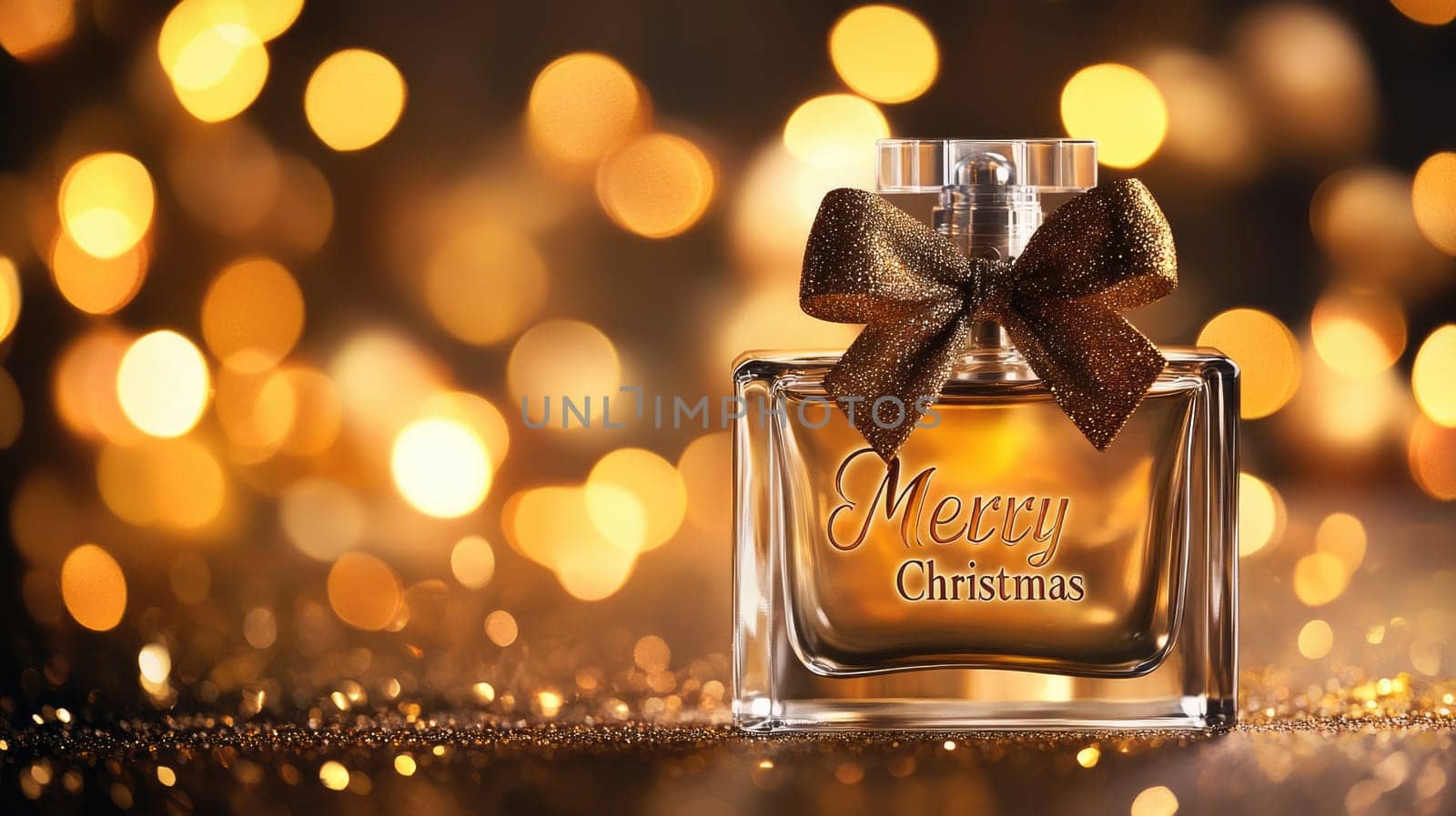 Transparent perfume bottle with Merry Christmas text and a bow on golden bokeh background with copy space. New Year gift.