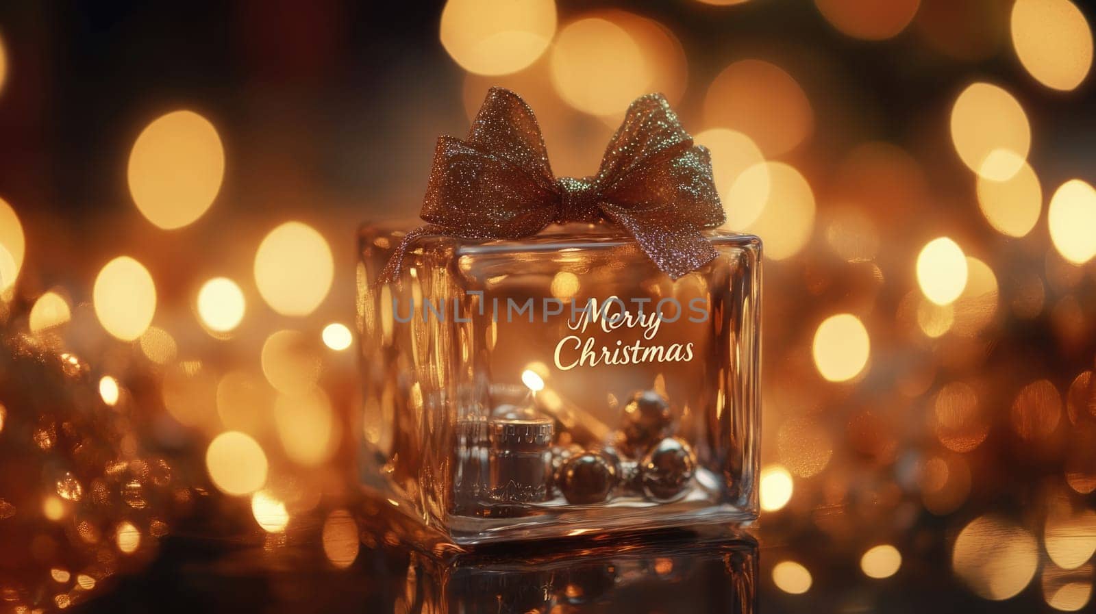 Transparent perfume bottle with Merry Christmas text and a bow on golden bokeh background with copy space. New Year gift.