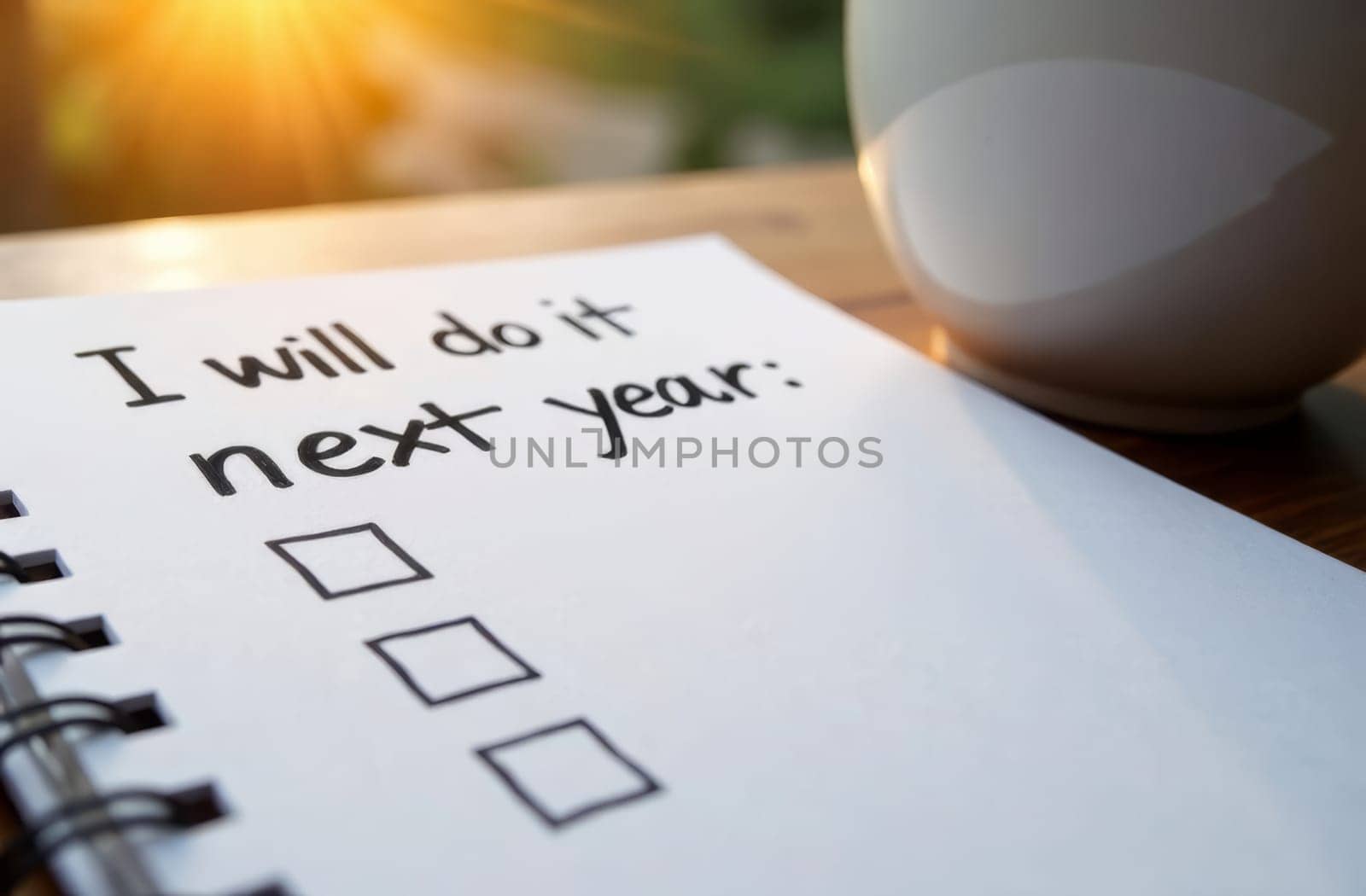 A spiral notebook with a checklist and the words I will do it next year written clearly. A coffee cup sits nearby, and warm sunlight illuminates the scene, suggesting morning or late afternoon.