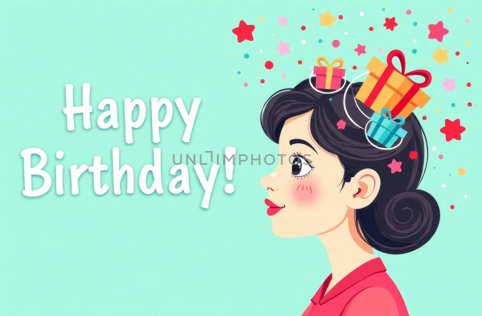 A joyful illustration features a young woman with a stylish hairdo, adorned with colorful gifts and festive elements, celebrating her birthday with a bright and cheerful expression.